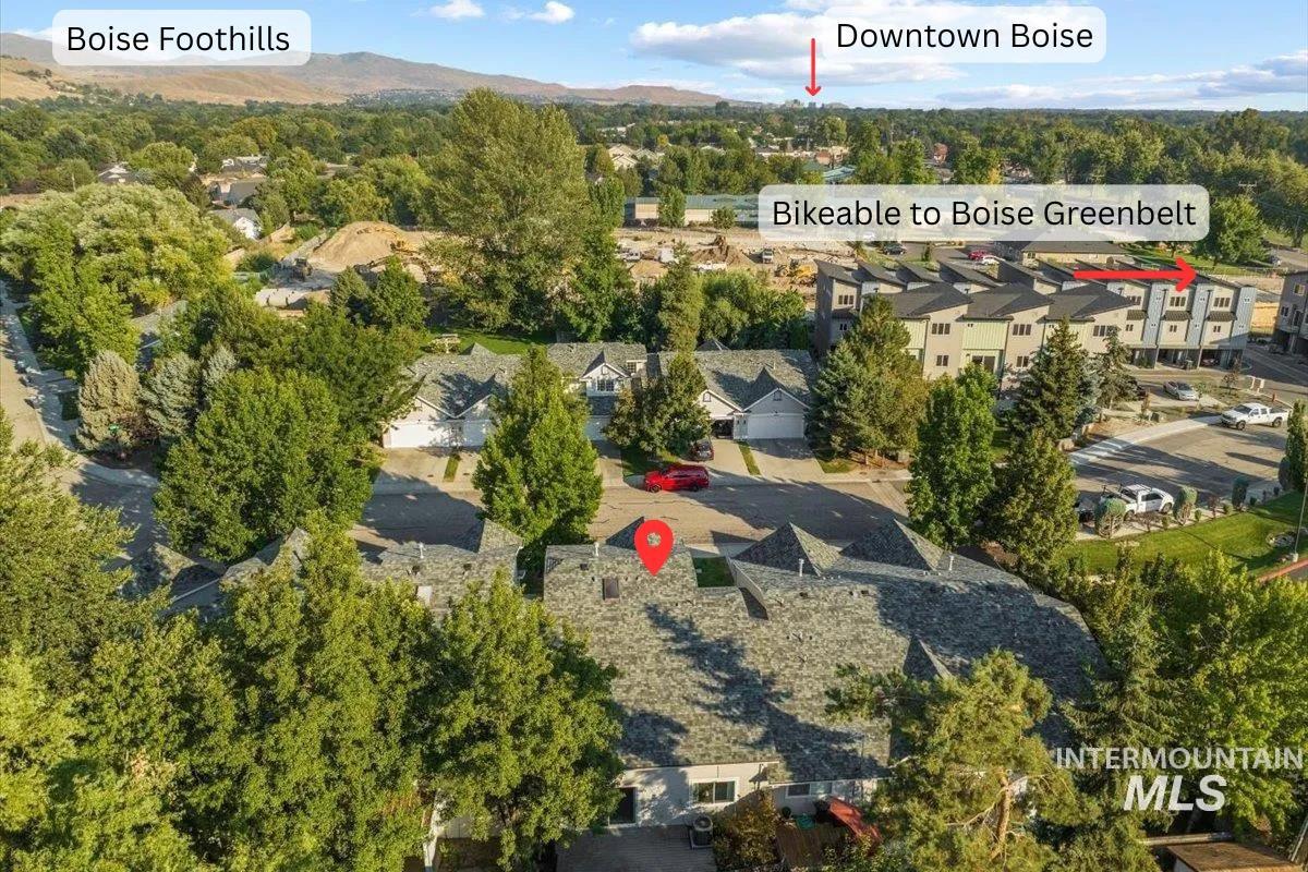 Aerial perspective of suburban area with a mountain backdrop