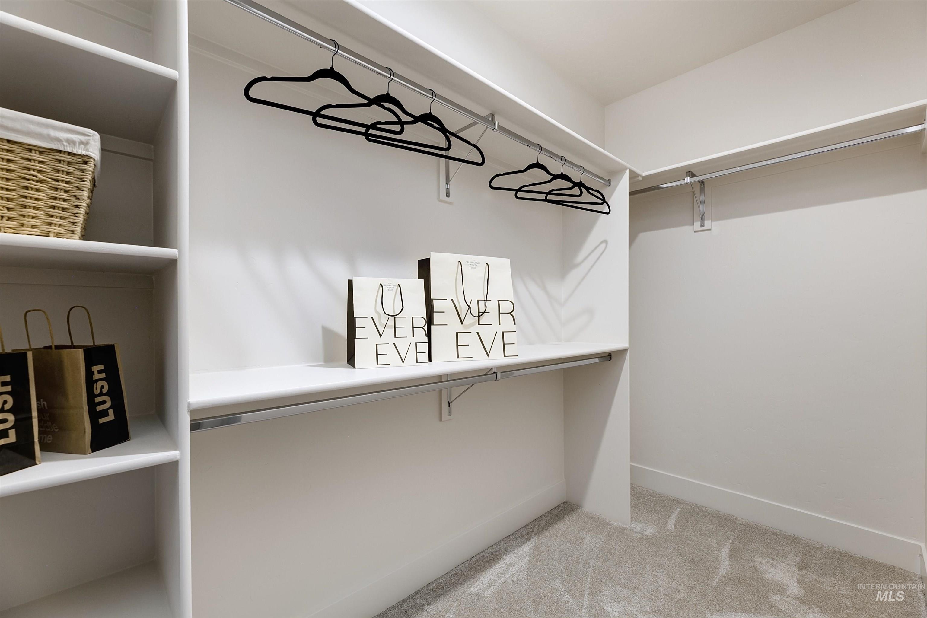 Spacious closet with light colored carpet