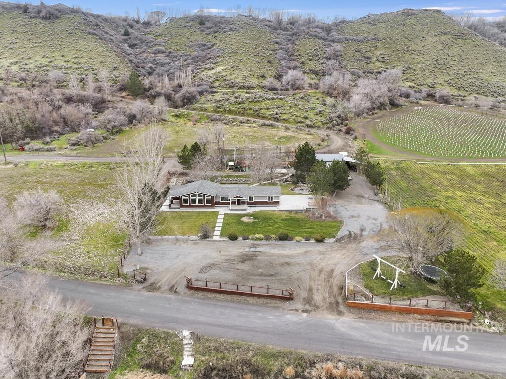 Aerial view of sparsely populated area with mountains