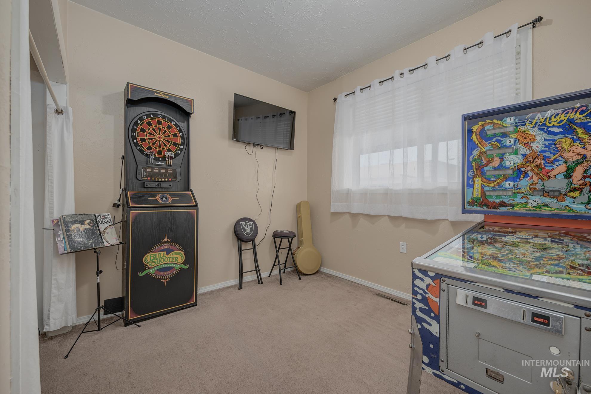 Rec room featuring carpet flooring and a textured ceiling