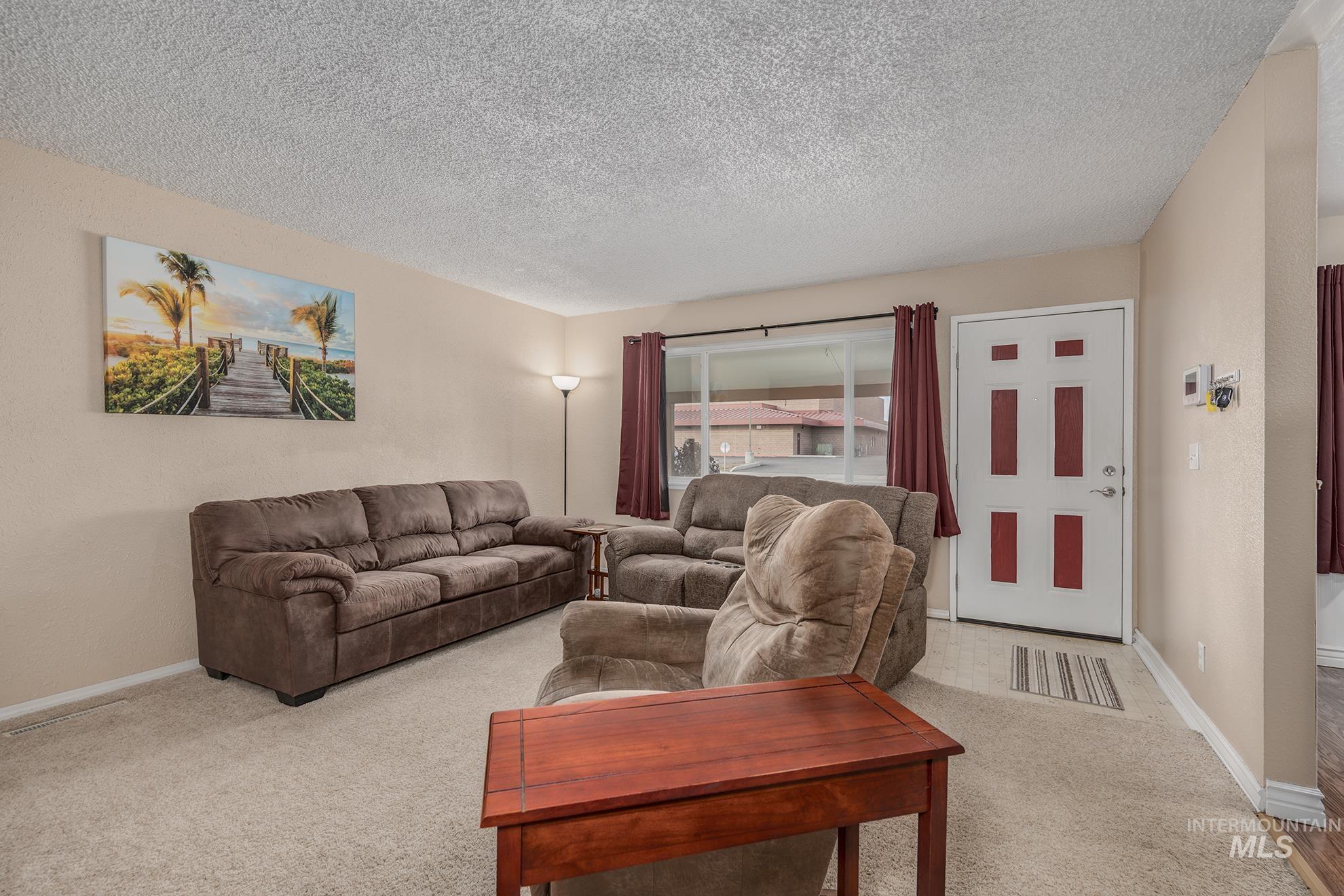 Carpeted living area with baseboards and a textured ceiling