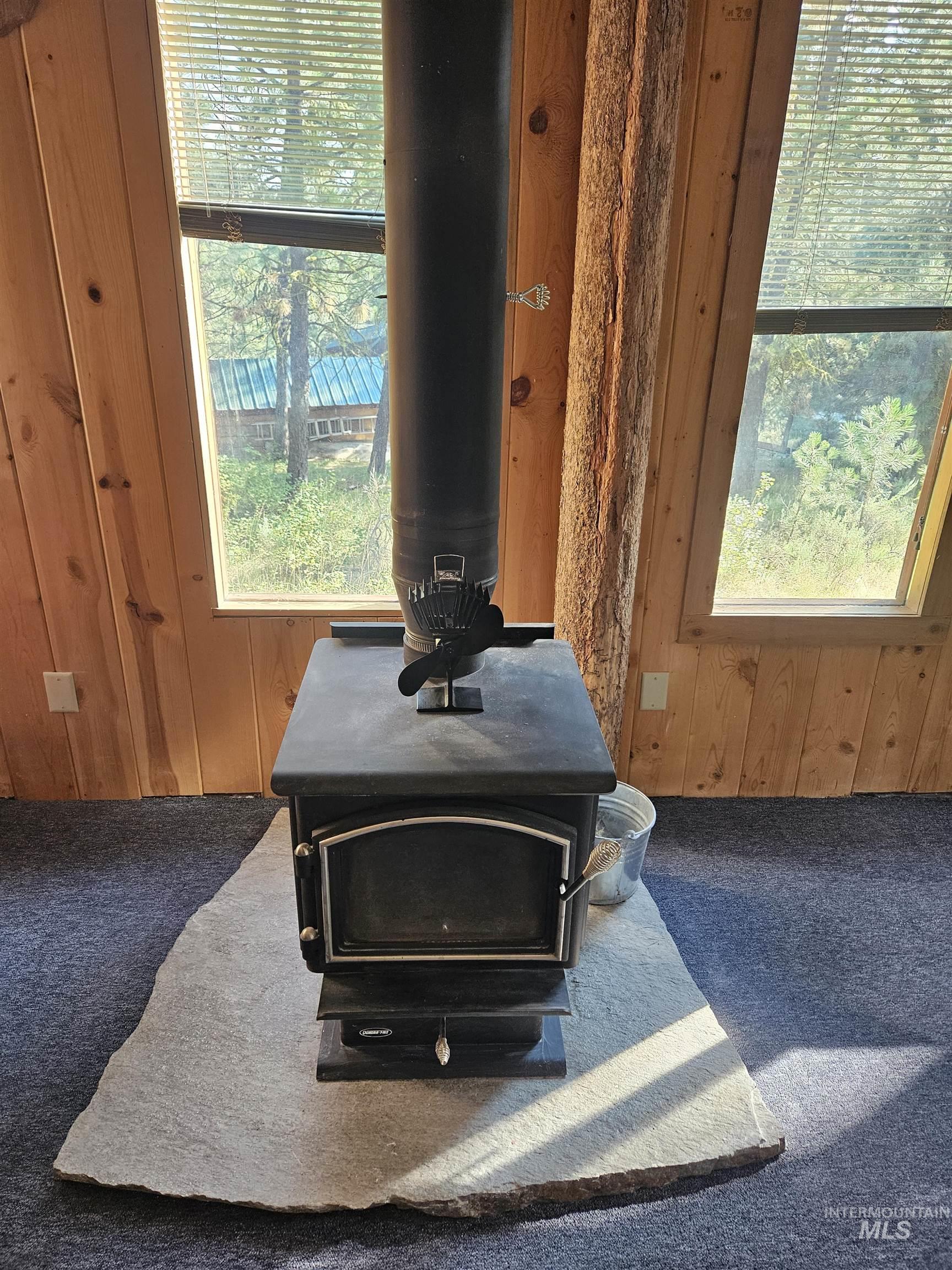 Detailed view of a wood stove, carpet floors, and wood walls