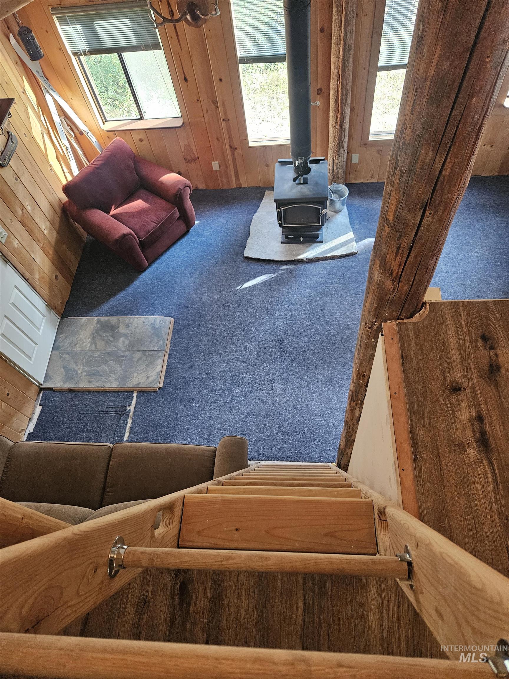 Living area with carpet, a wood stove, and wood walls