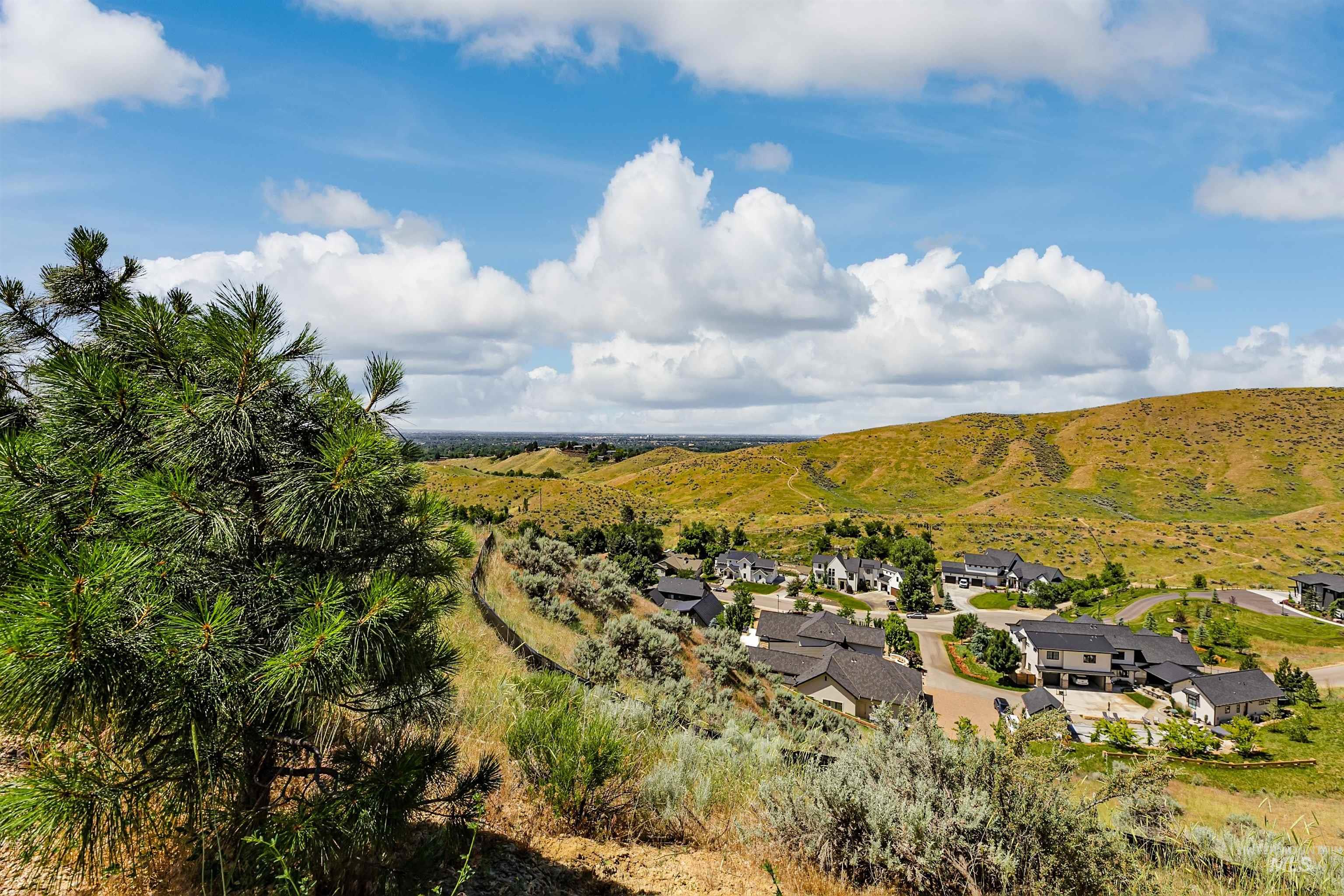 Aerial perspective of suburban area with a mountainous background