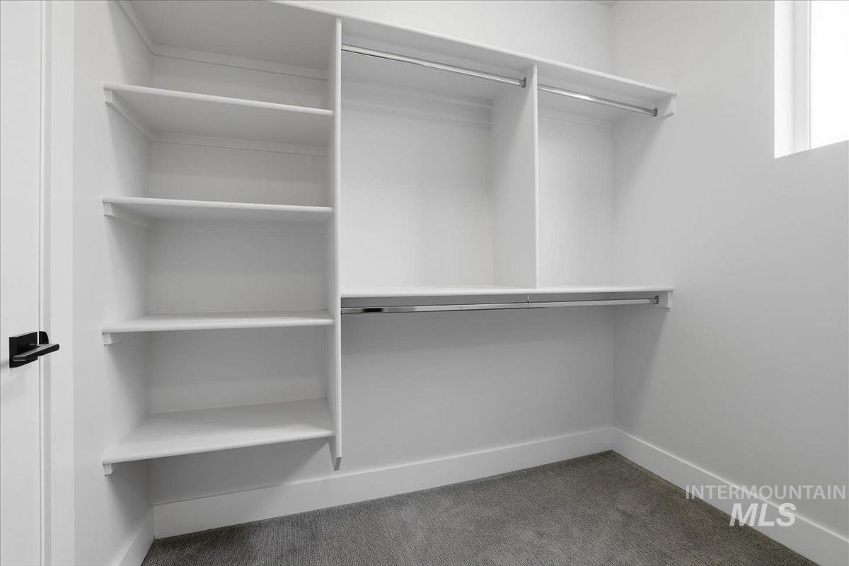 Walk in closet featuring dark colored carpet