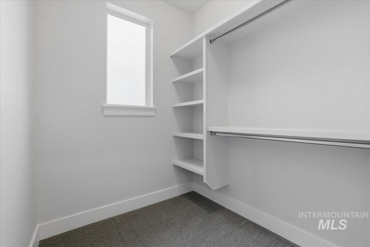 Walk in closet with dark colored carpet