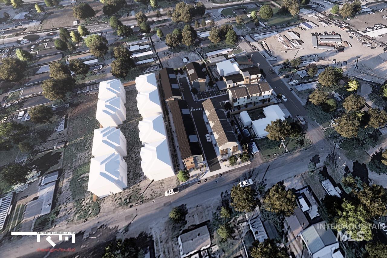 Aerial overview of property's location featuring nearby suburban area