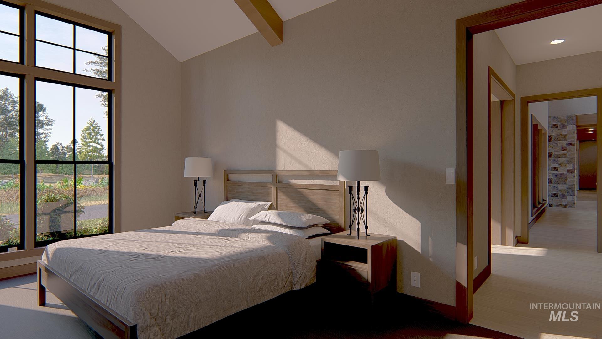 Bedroom featuring beam ceiling, high vaulted ceiling, and wood finished floors