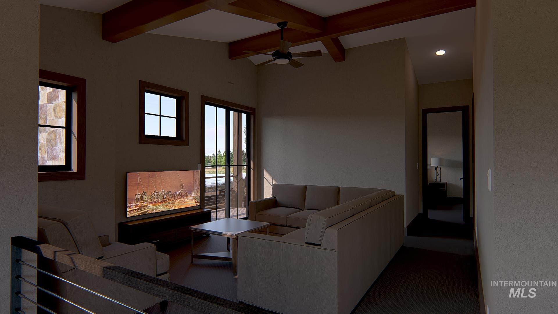 Living area featuring ceiling fan, beam ceiling, and recessed lighting