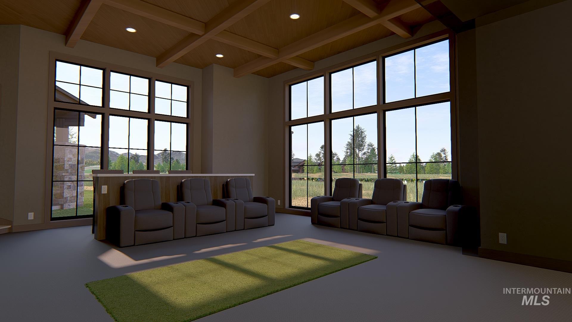 Carpeted living room with beam ceiling, coffered ceiling, a high ceiling, plenty of natural light, and recessed lighting