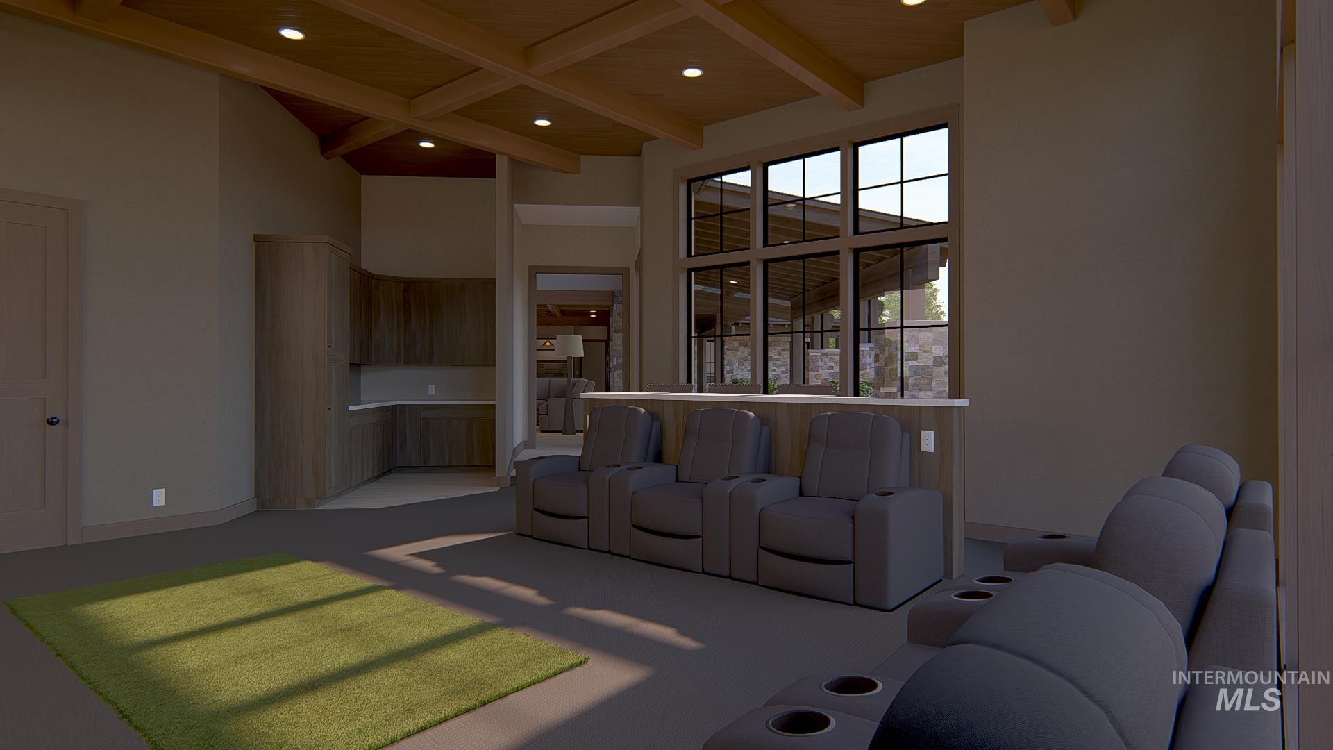 Living room featuring beamed ceiling, a towering ceiling, light carpet, and recessed lighting