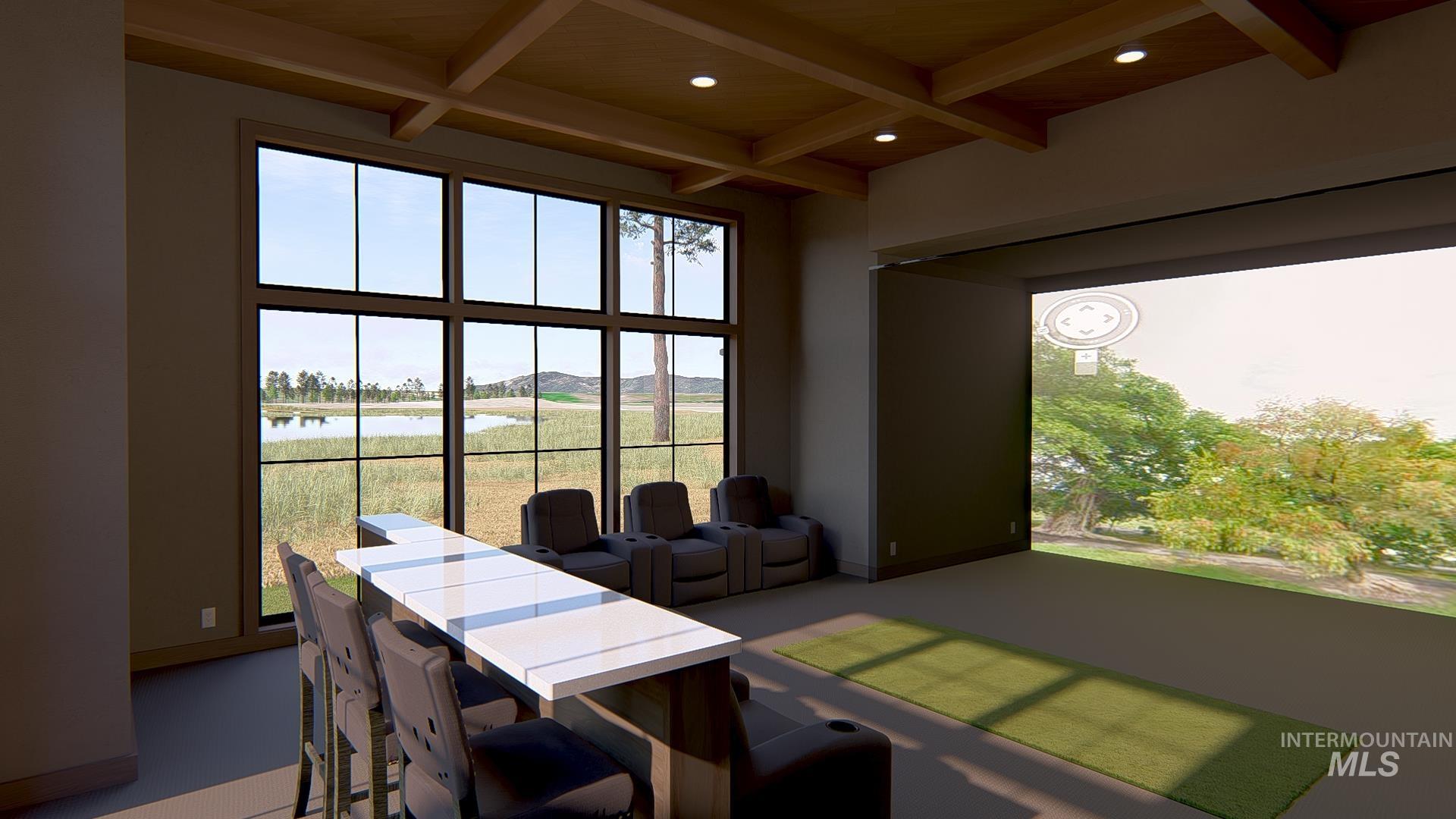 Dining room featuring beamed ceiling, a water view, coffered ceiling, and recessed lighting
