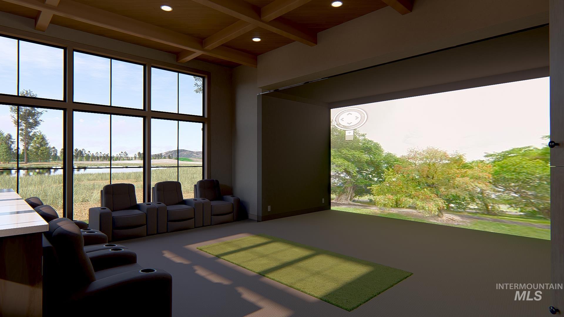 Recreation room featuring beamed ceiling, a water view, coffered ceiling, recessed lighting, and golf simulator