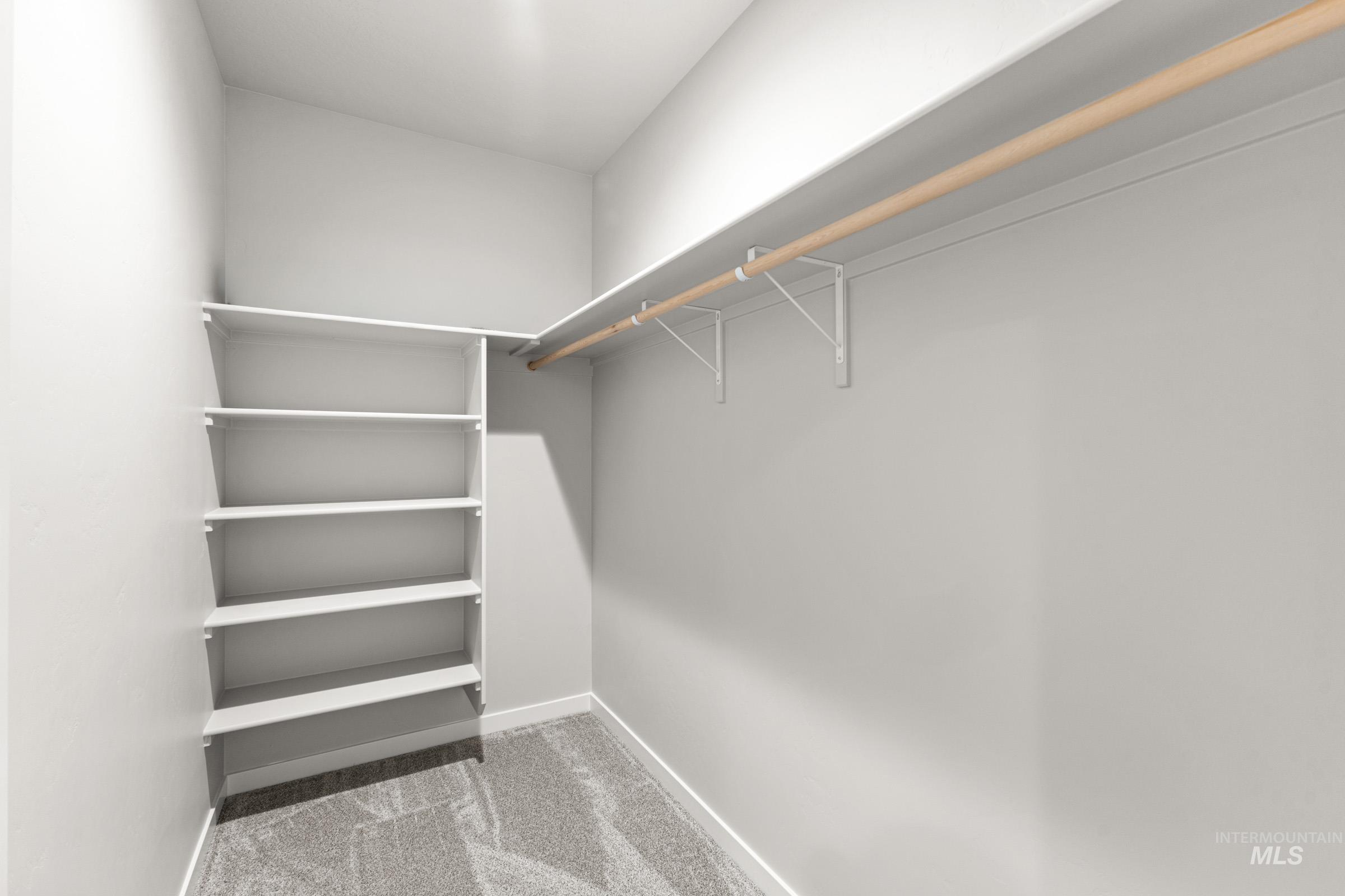 Walk in closet with light carpet