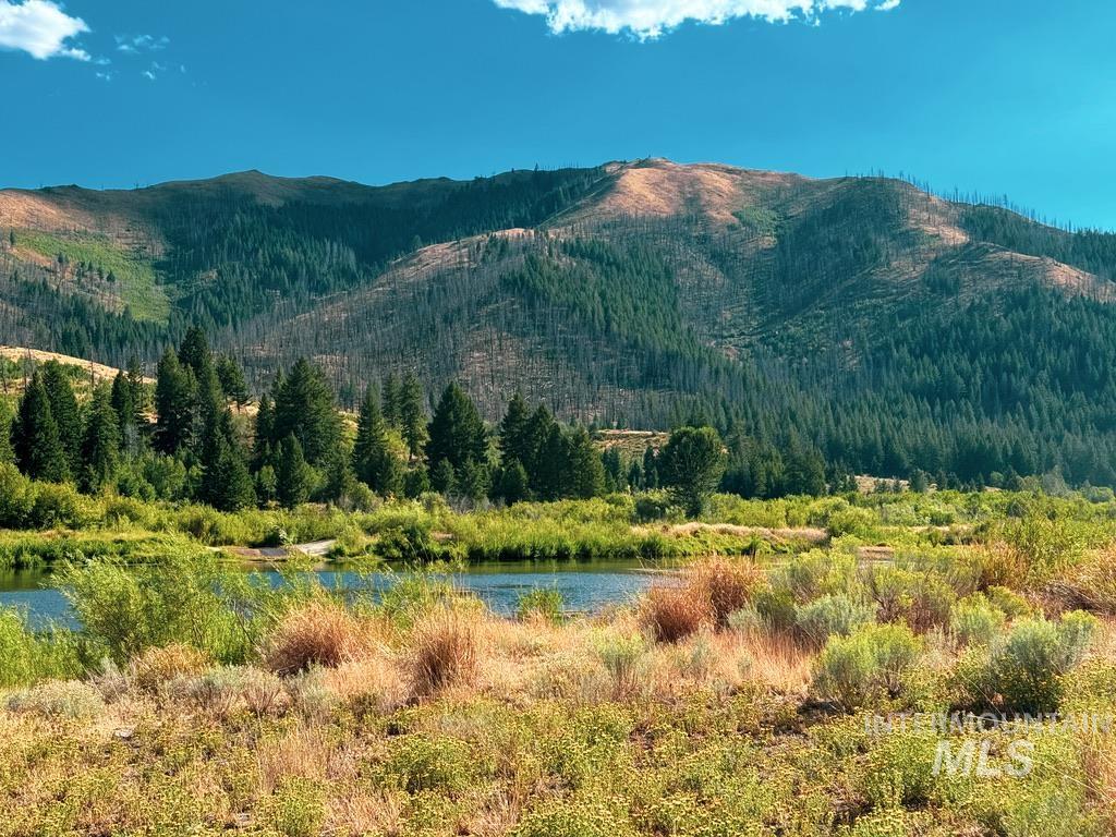 View of mountain background with a large body of water and a heavily wooded area
