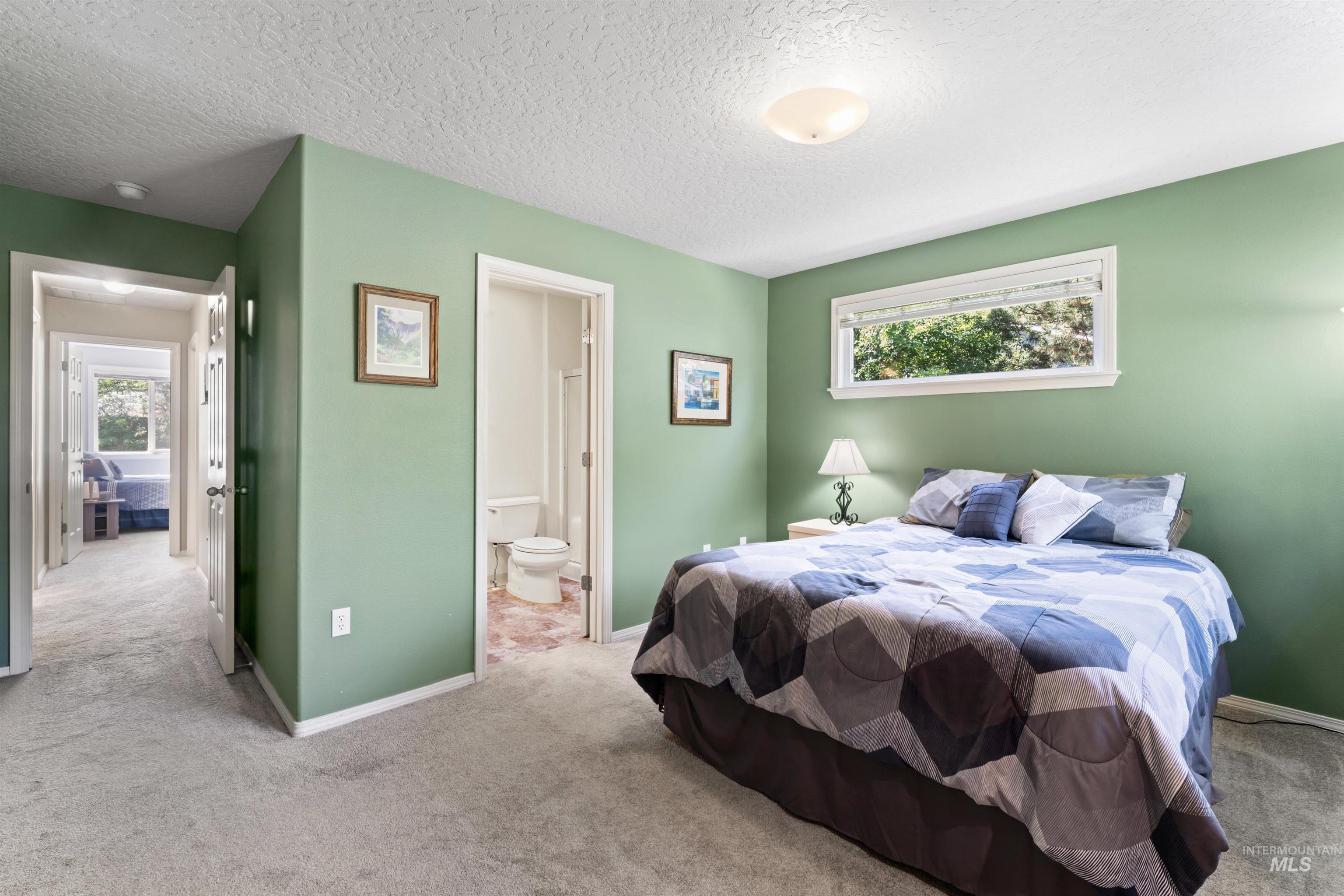 Carpeted bedroom featuring multiple windows, a textured ceiling, and ensuite bath