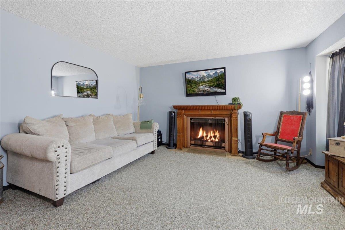 Living area featuring a traditional wood fireplace with an ornate mantel, light-colored carpet flooring, and pale blue walls