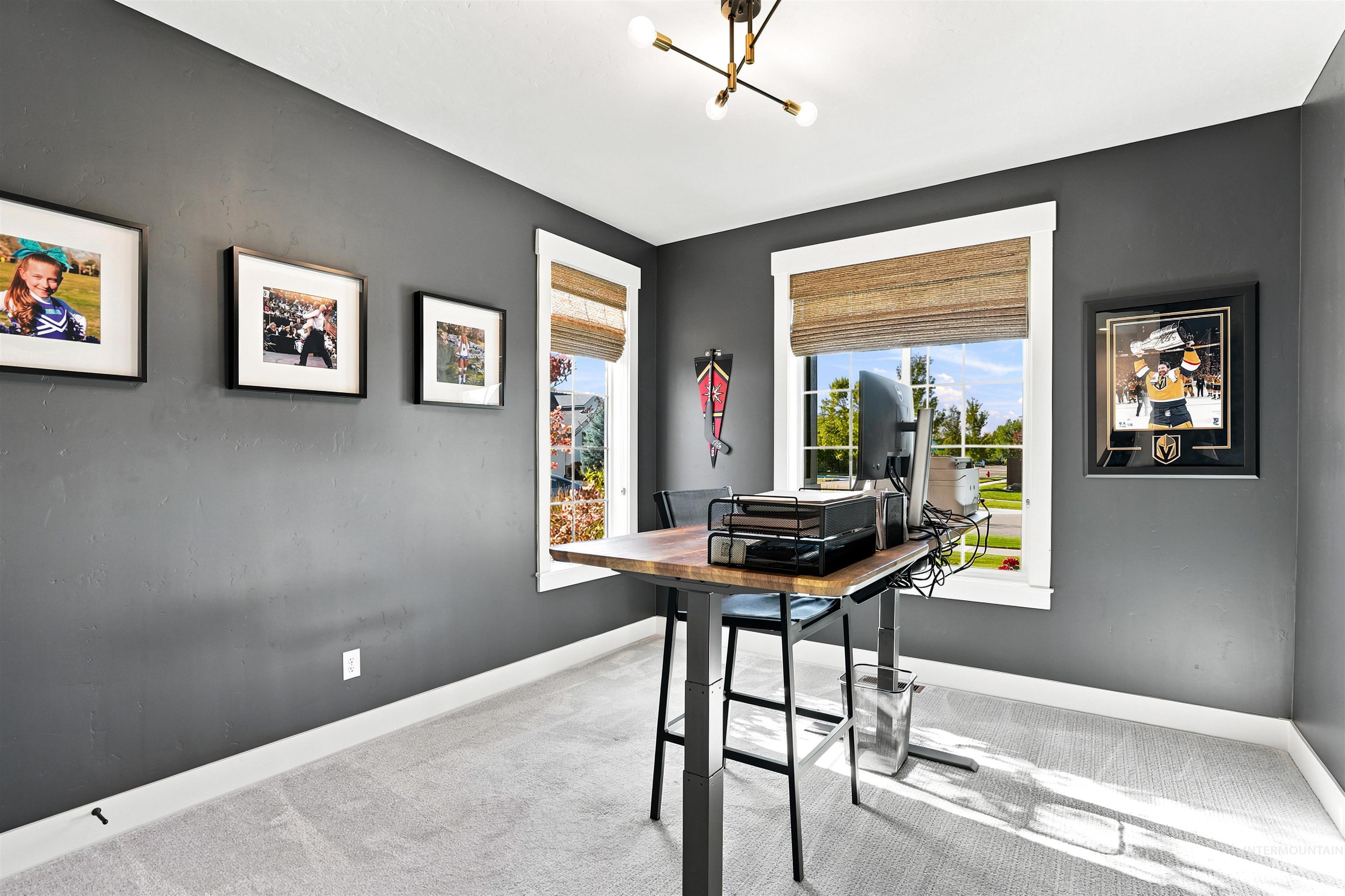 Room featuring two large windows with woven blinds, neutral carpeting, and dark gray walls
