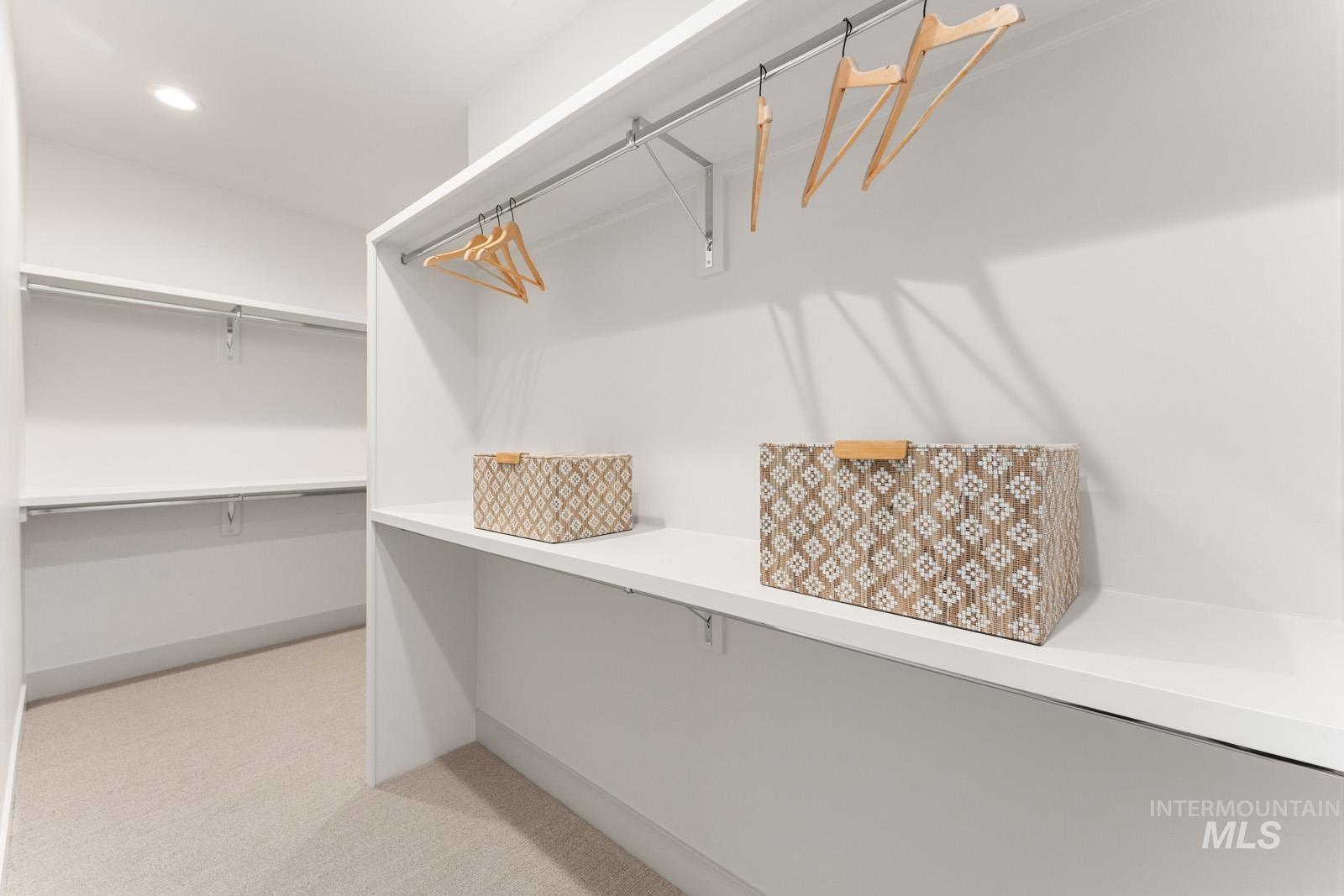 Walk in closet featuring light colored carpet