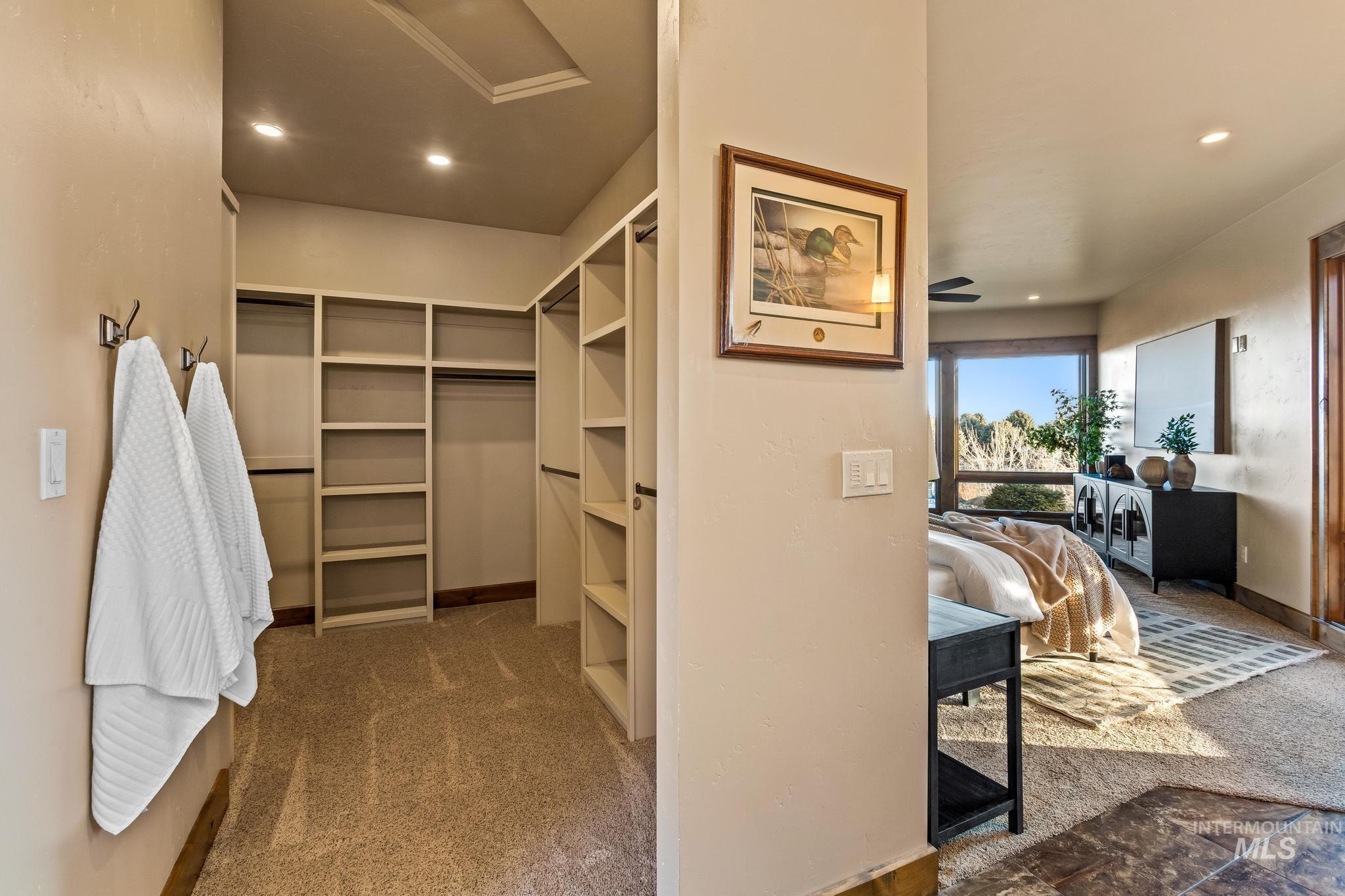 Walk in closet with dark colored carpet