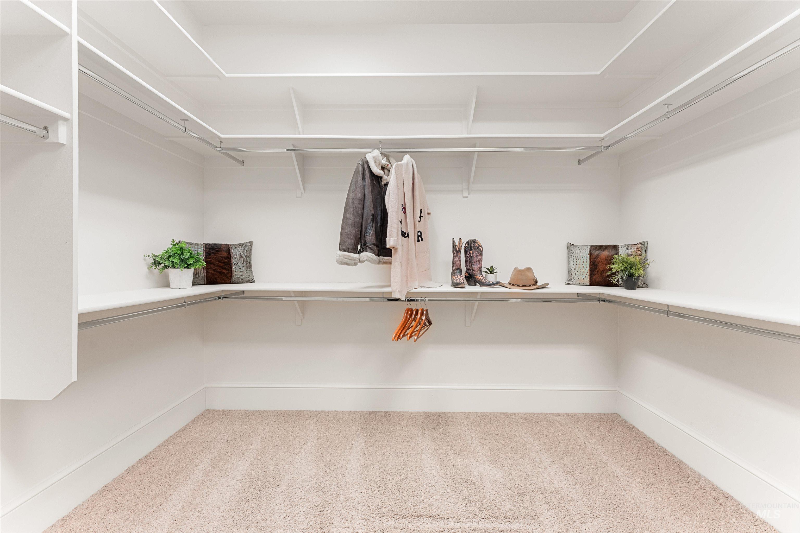 Spacious closet with light colored carpet