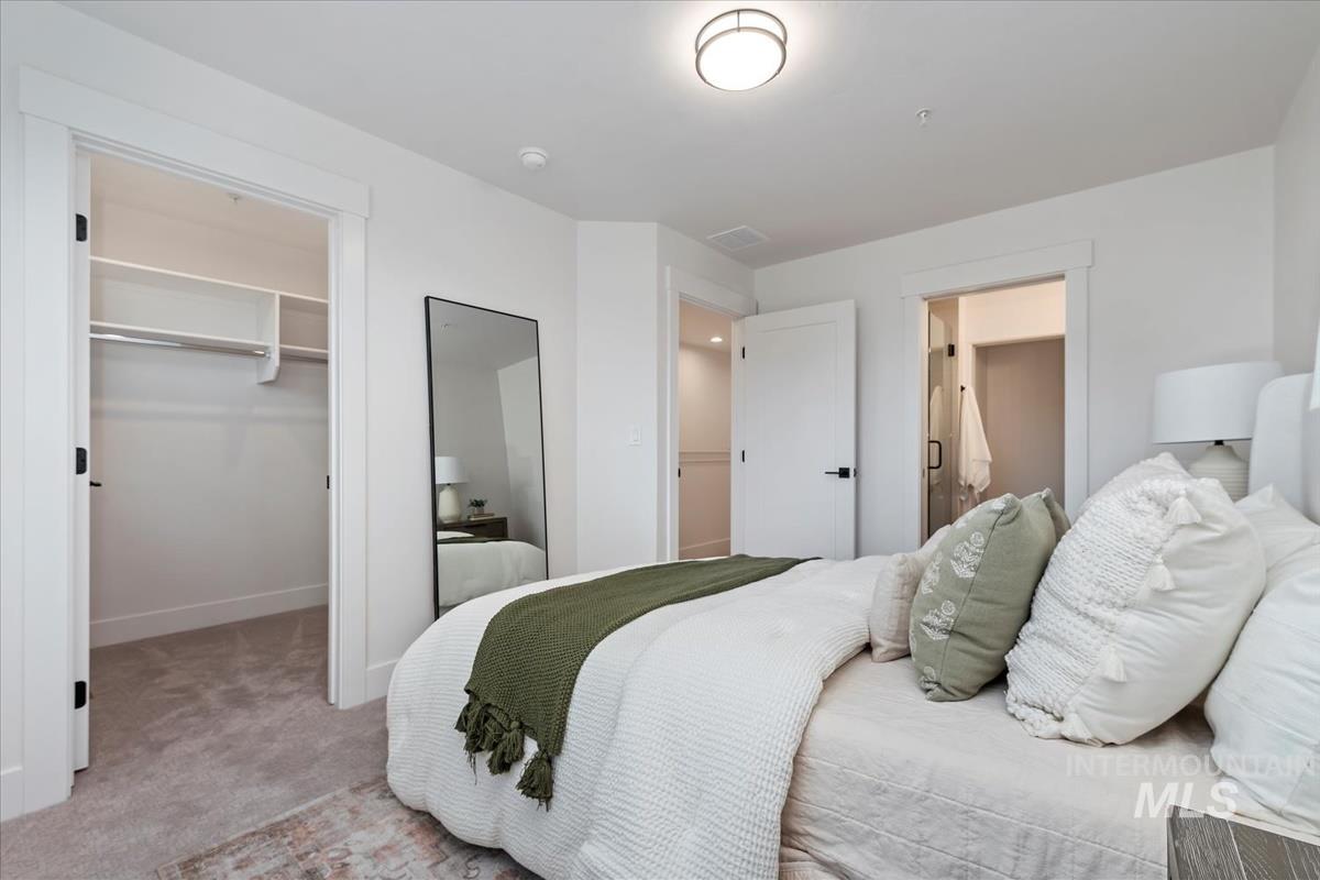 Bedroom with carpet floors, a walk in closet, and connected bathroom