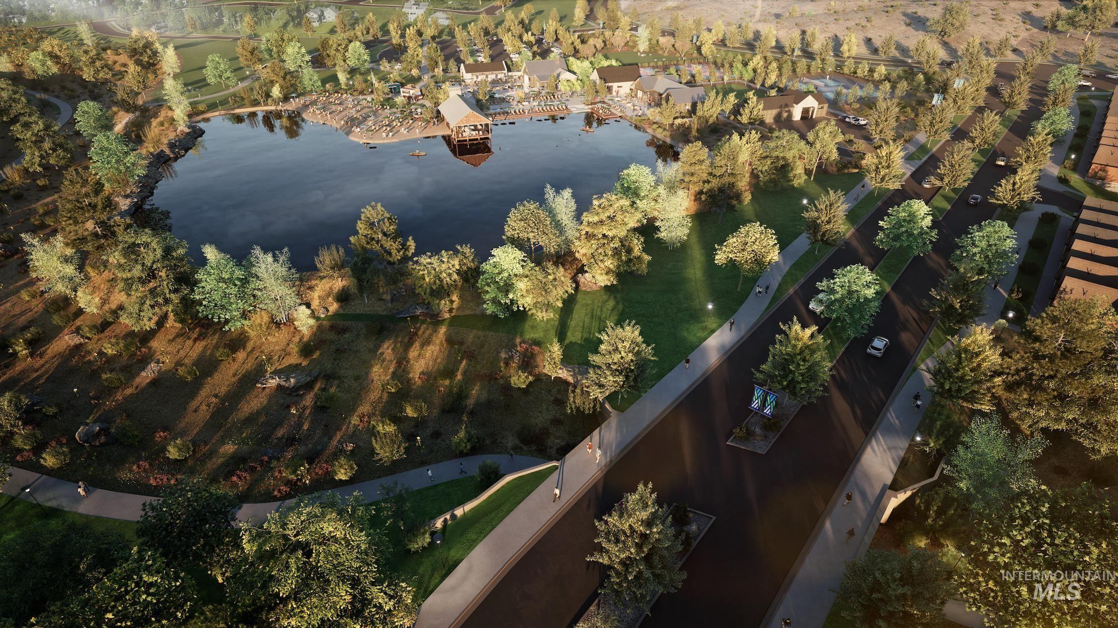 Aerial overview of property's location with a nearby body of water