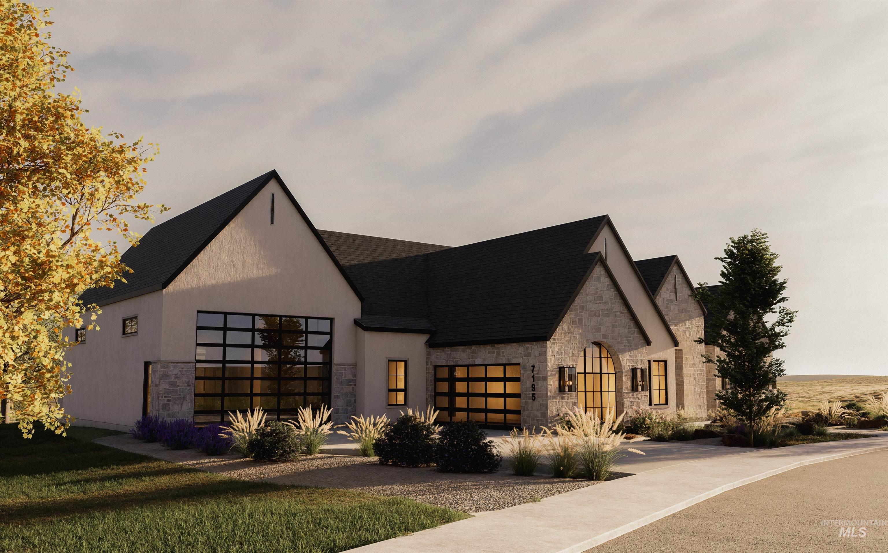 View of front of house featuring stone siding, driveway, and roof with shingles
