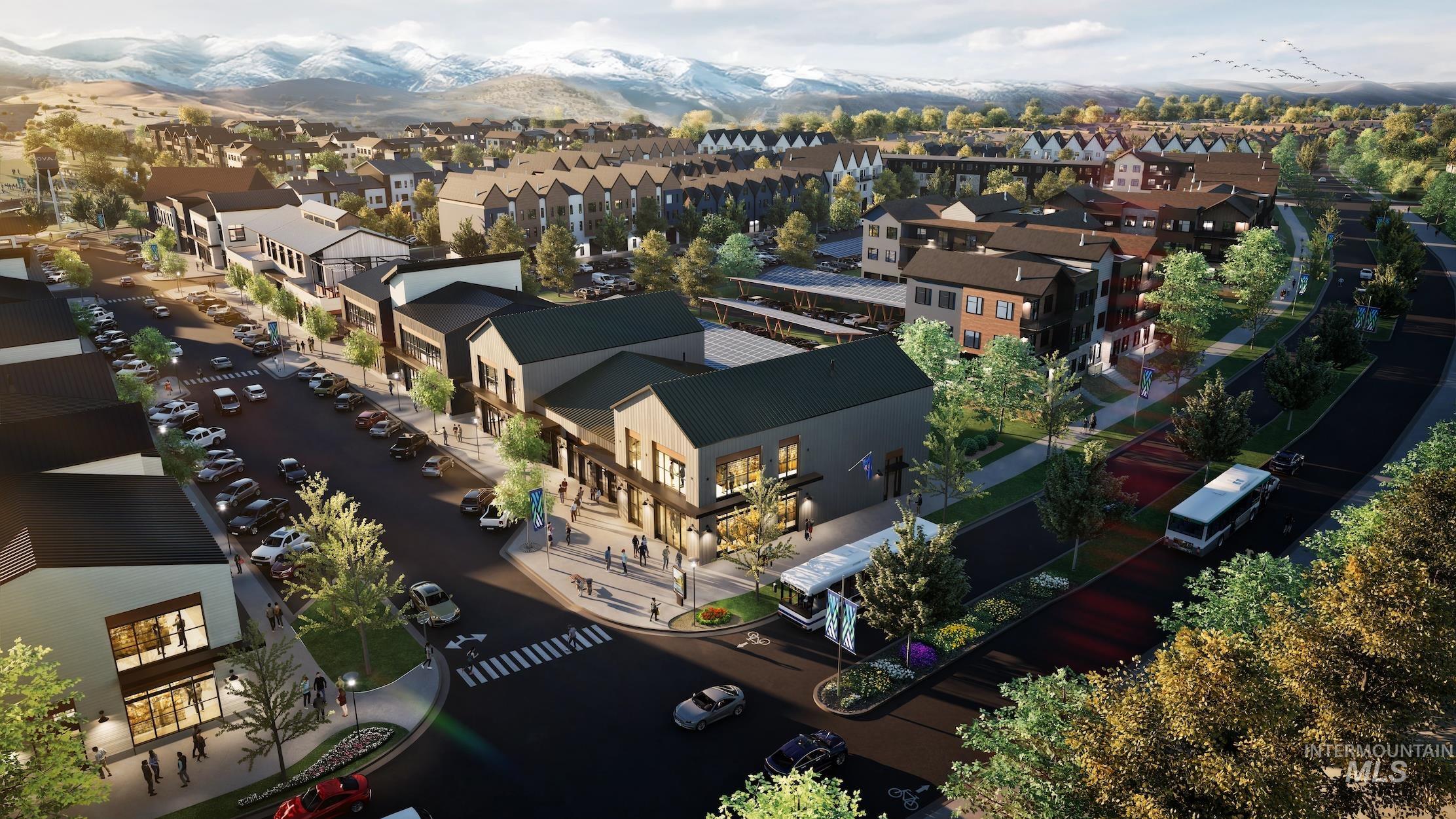 Aerial view of lower residential area with a mountainous background