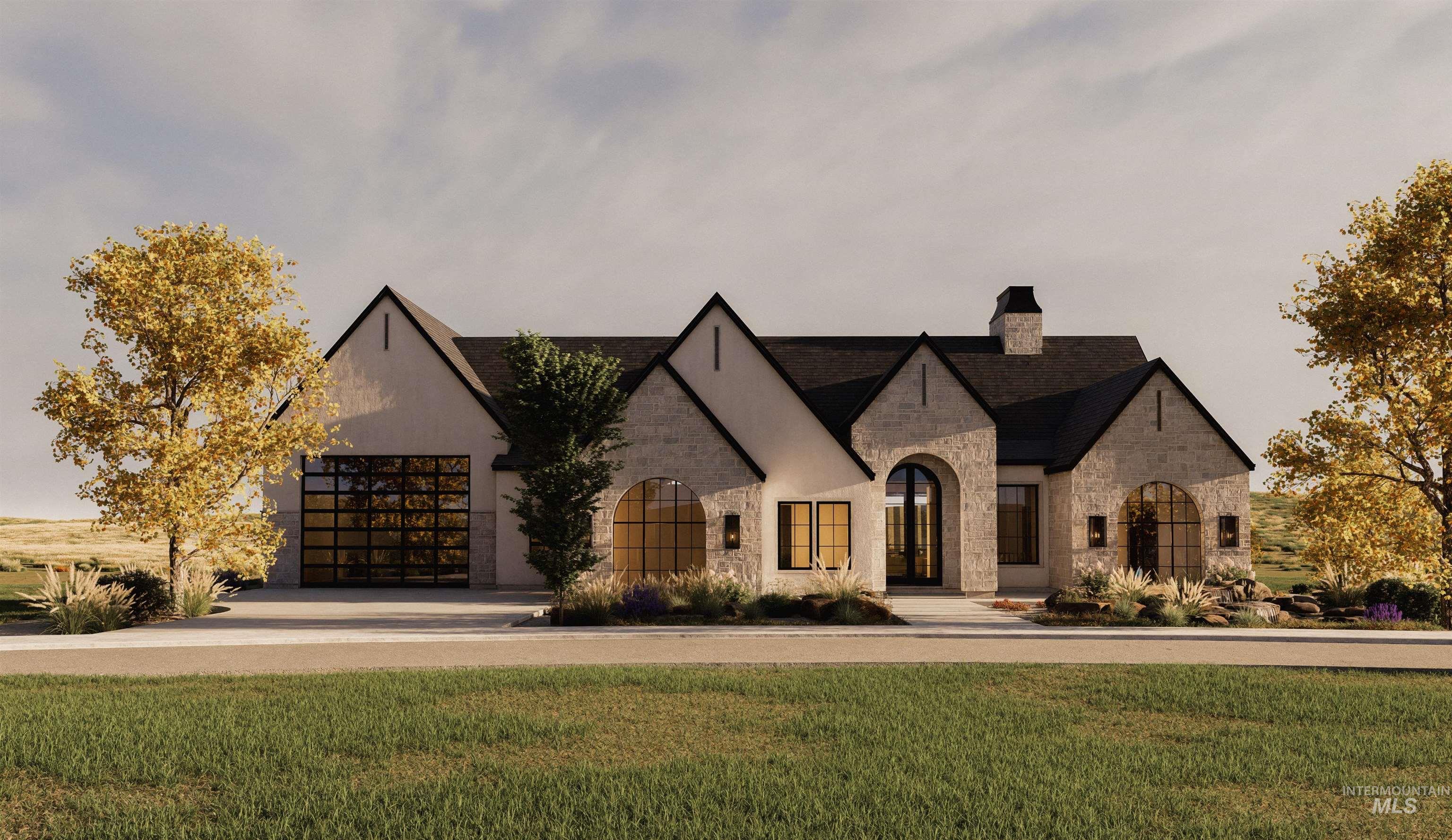 French country inspired facade with stone siding, concrete driveway, a front lawn, and a chimney