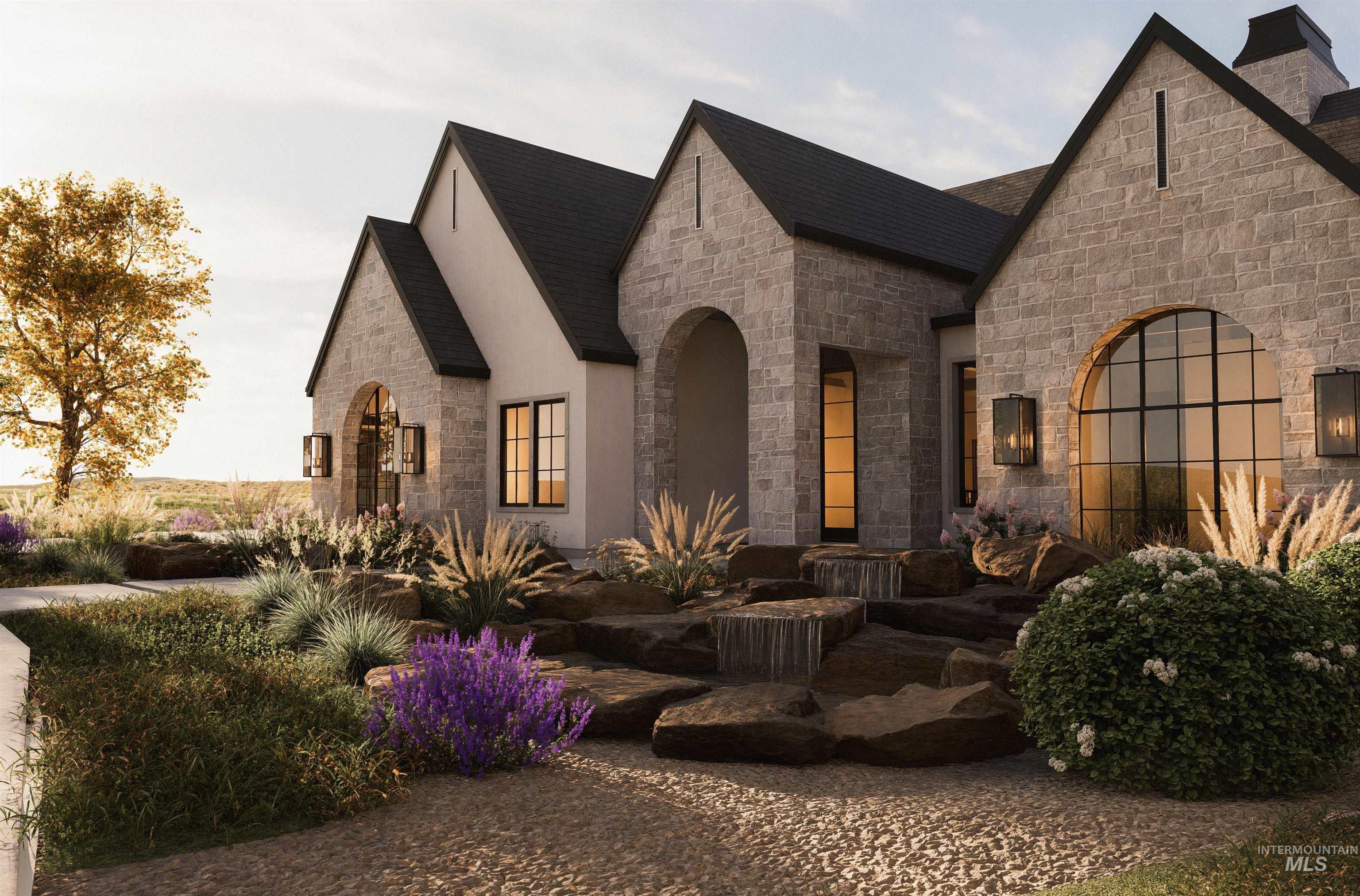 View of property exterior featuring stone siding and a shingled roof