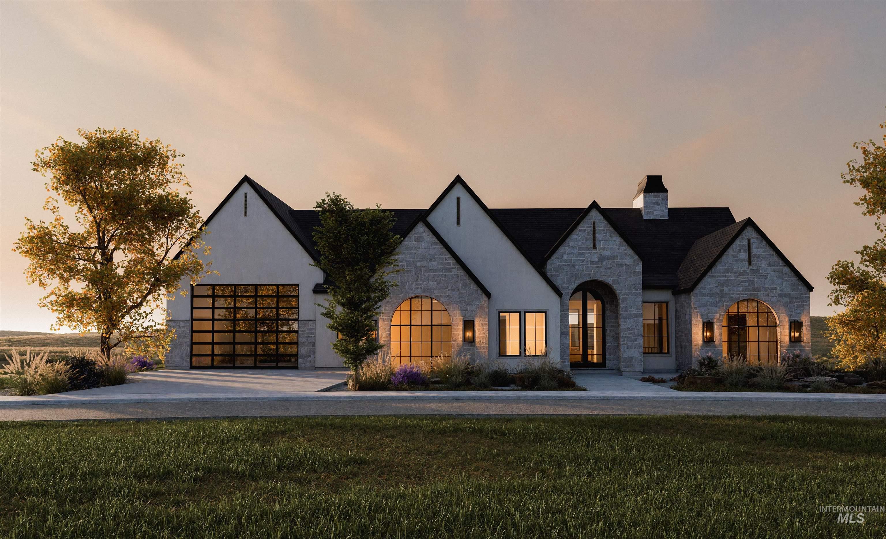 View of front facade with stone siding, a front lawn, a chimney, and stucco siding