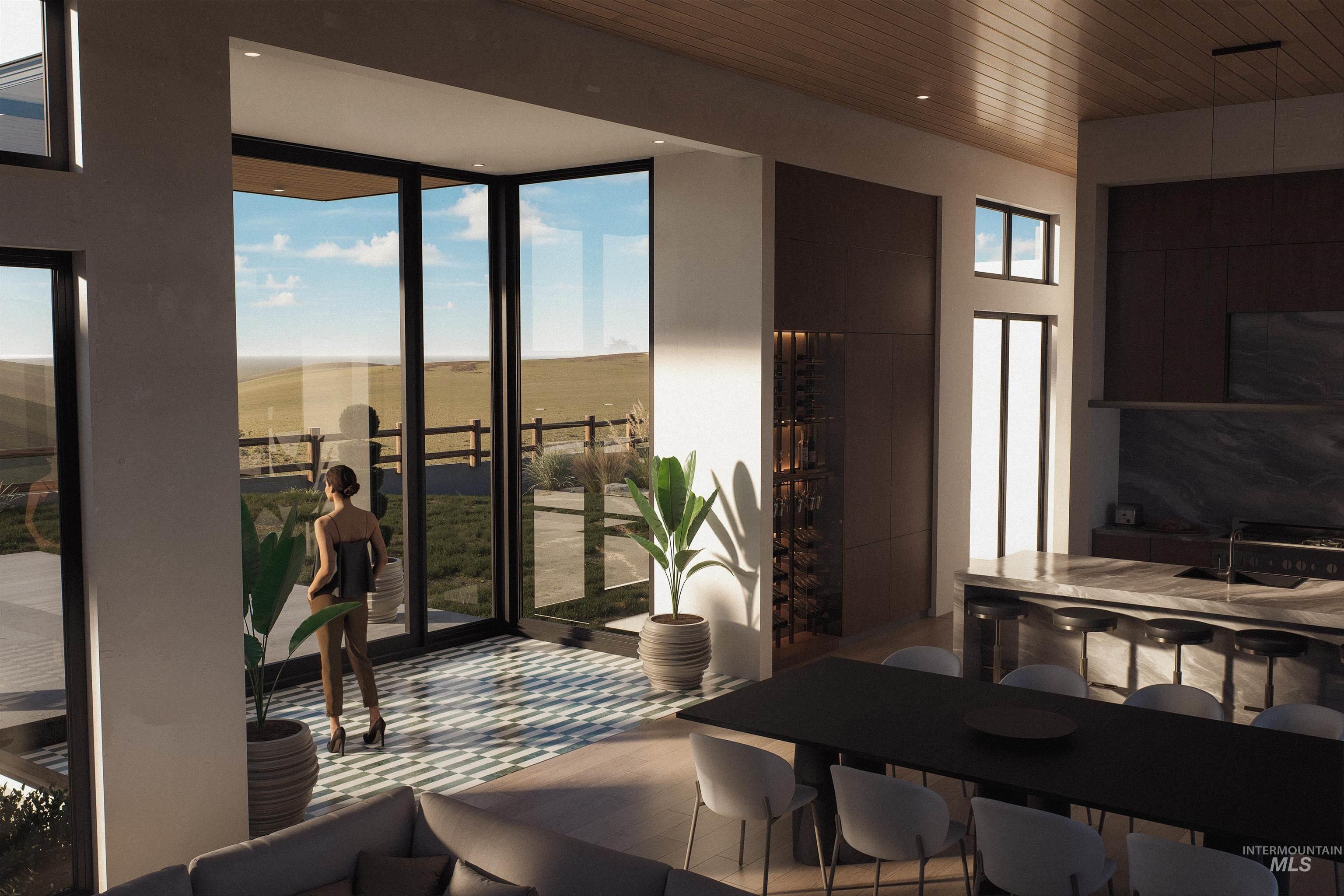 Living room featuring wood finished floors, floor to ceiling windows, and wood ceiling