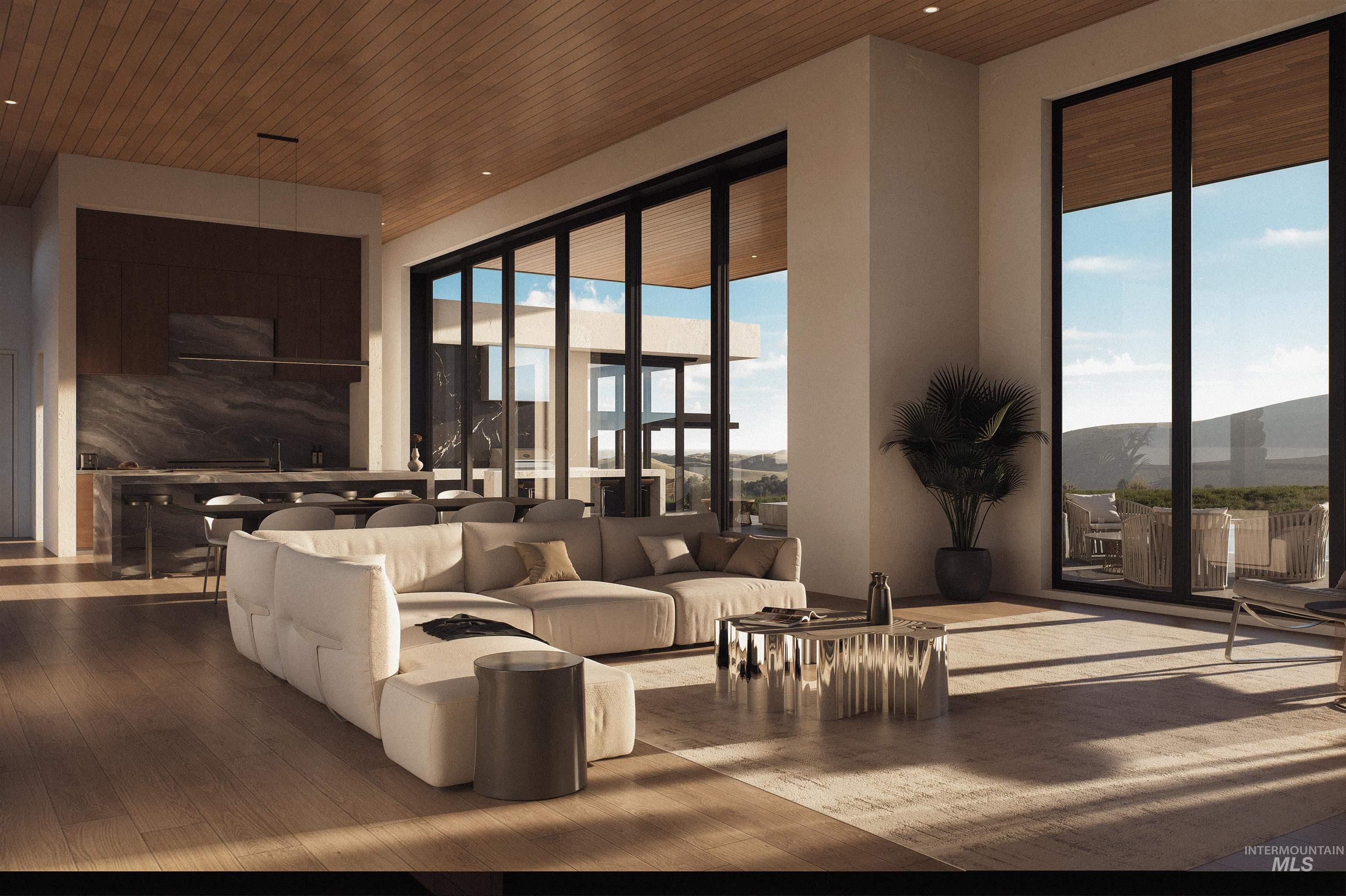 Common area featuring wooden ceiling and a mountain view