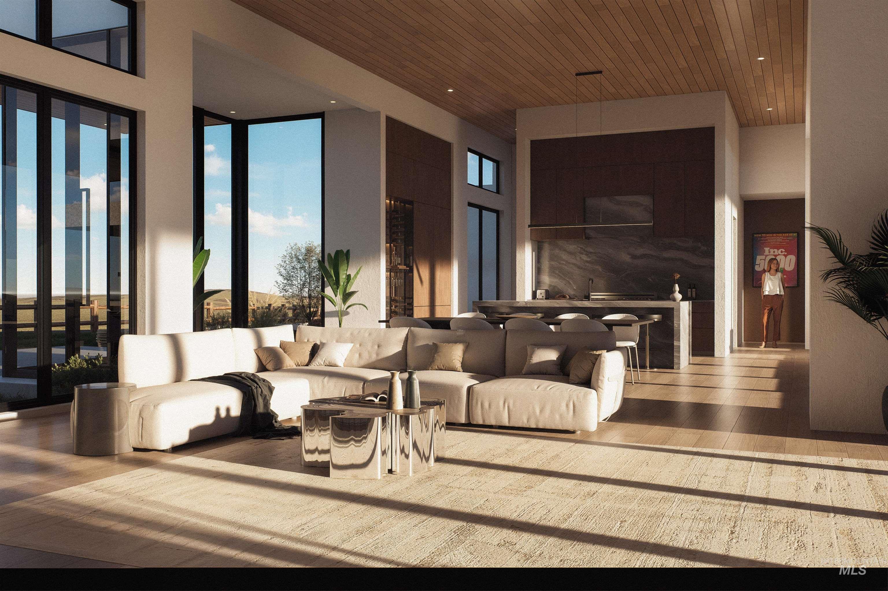 Community lobby featuring a high wood ceiling and recessed lighting