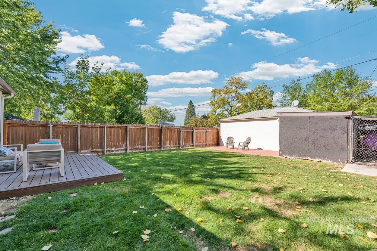 Fenced backyard with a wooden deck