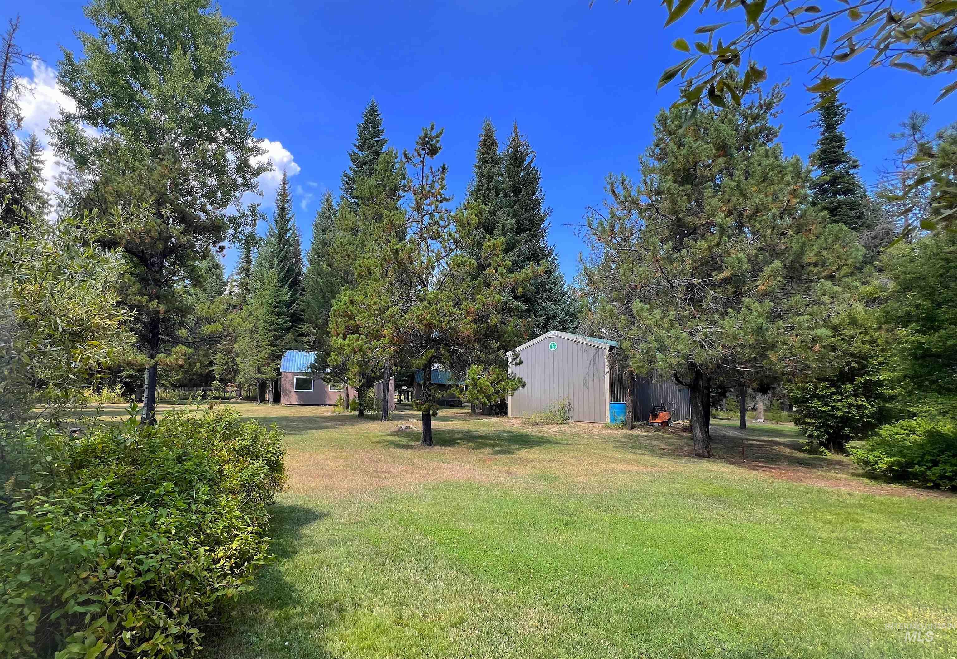 View of green lawn featuring an outbuilding and view of wooded area