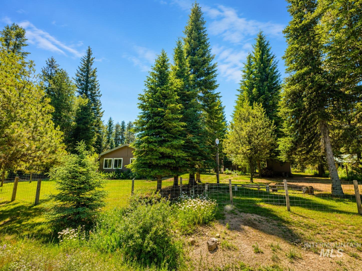 Brown-toned residence with white-trimmed windows, surrounded by mature evergreen trees and a manicured lawn