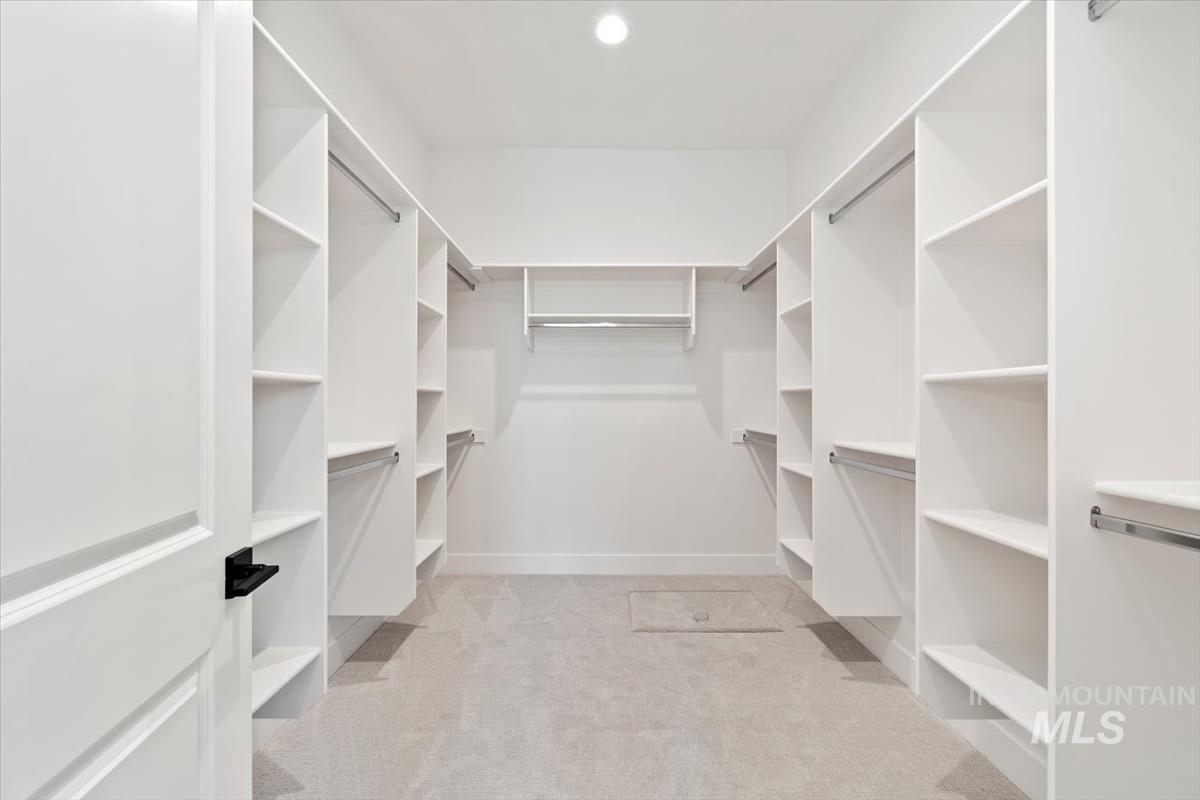 Walk in closet with light colored carpet