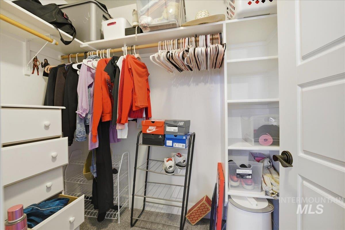 Walk in closet with carpet floors