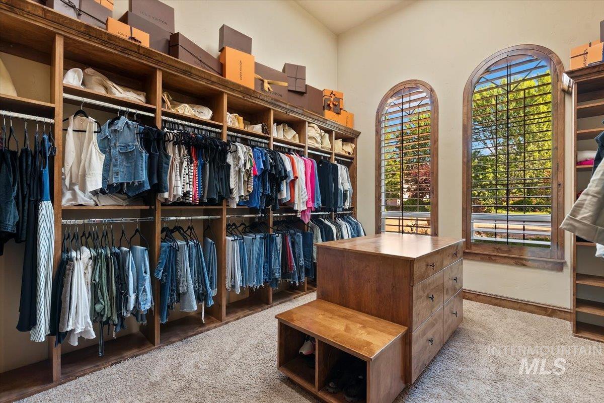 Walk in closet with light colored carpet