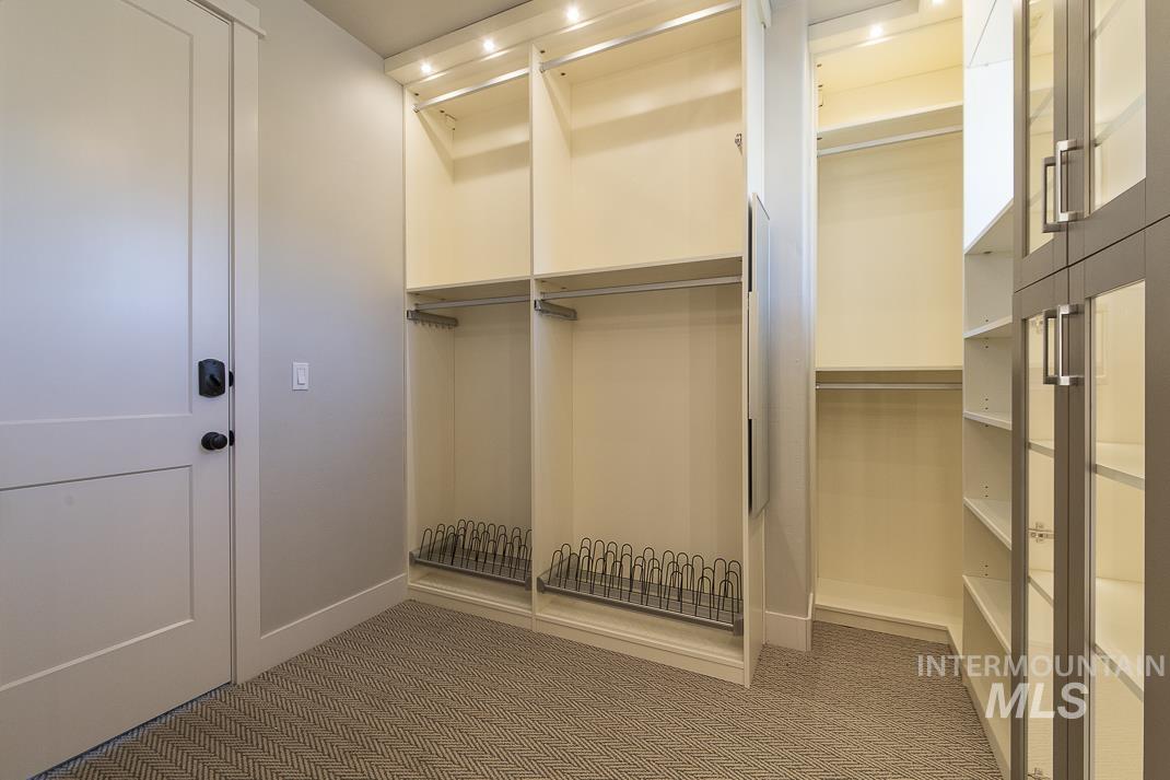 Spacious closet with light carpet