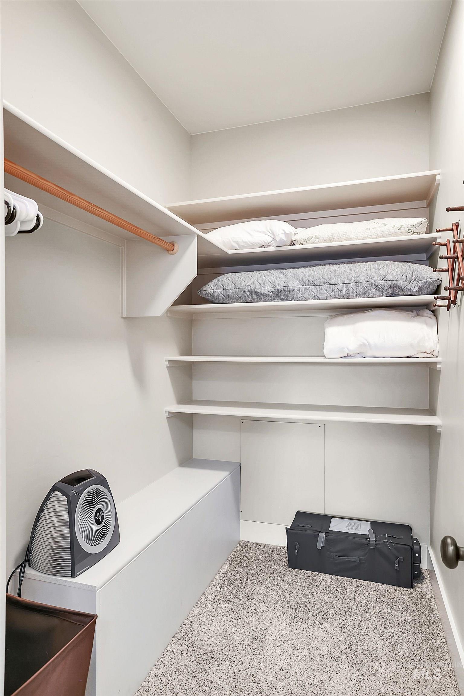 Walk in closet featuring light colored carpet