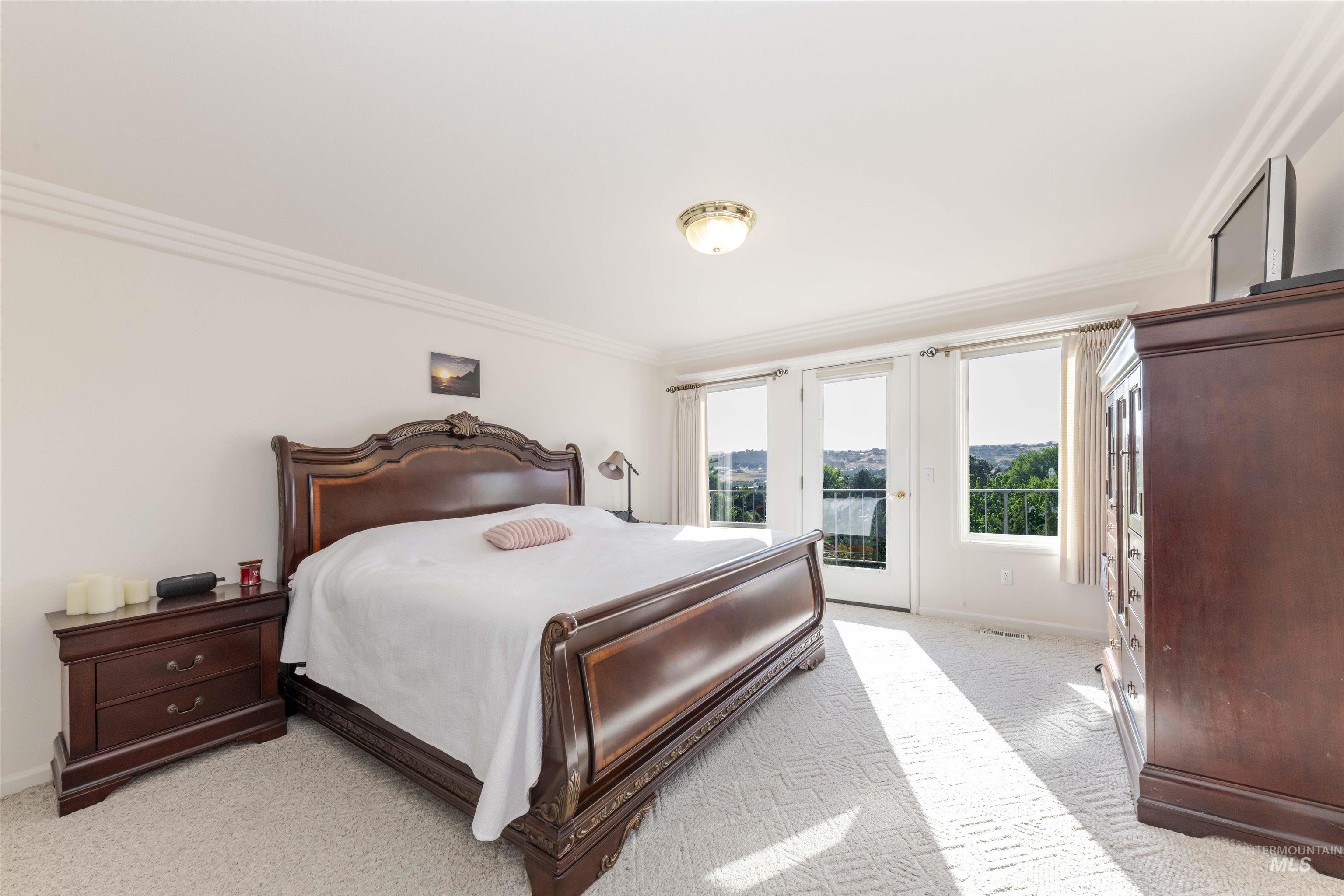Bedroom with light carpet, ornamental molding, and access to exterior