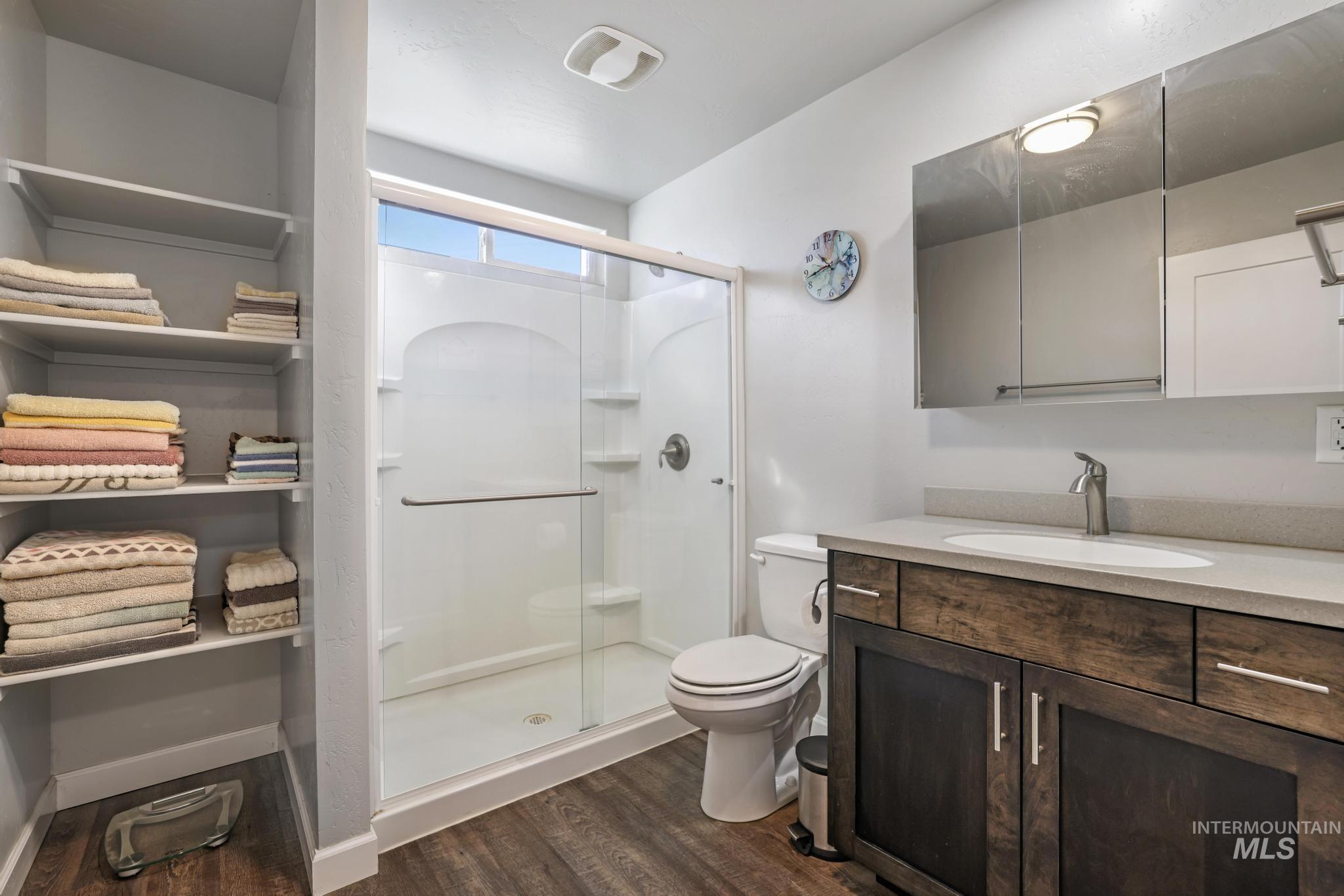 Full bathroom with dark wood-style flooring, vanity, and a shower stall