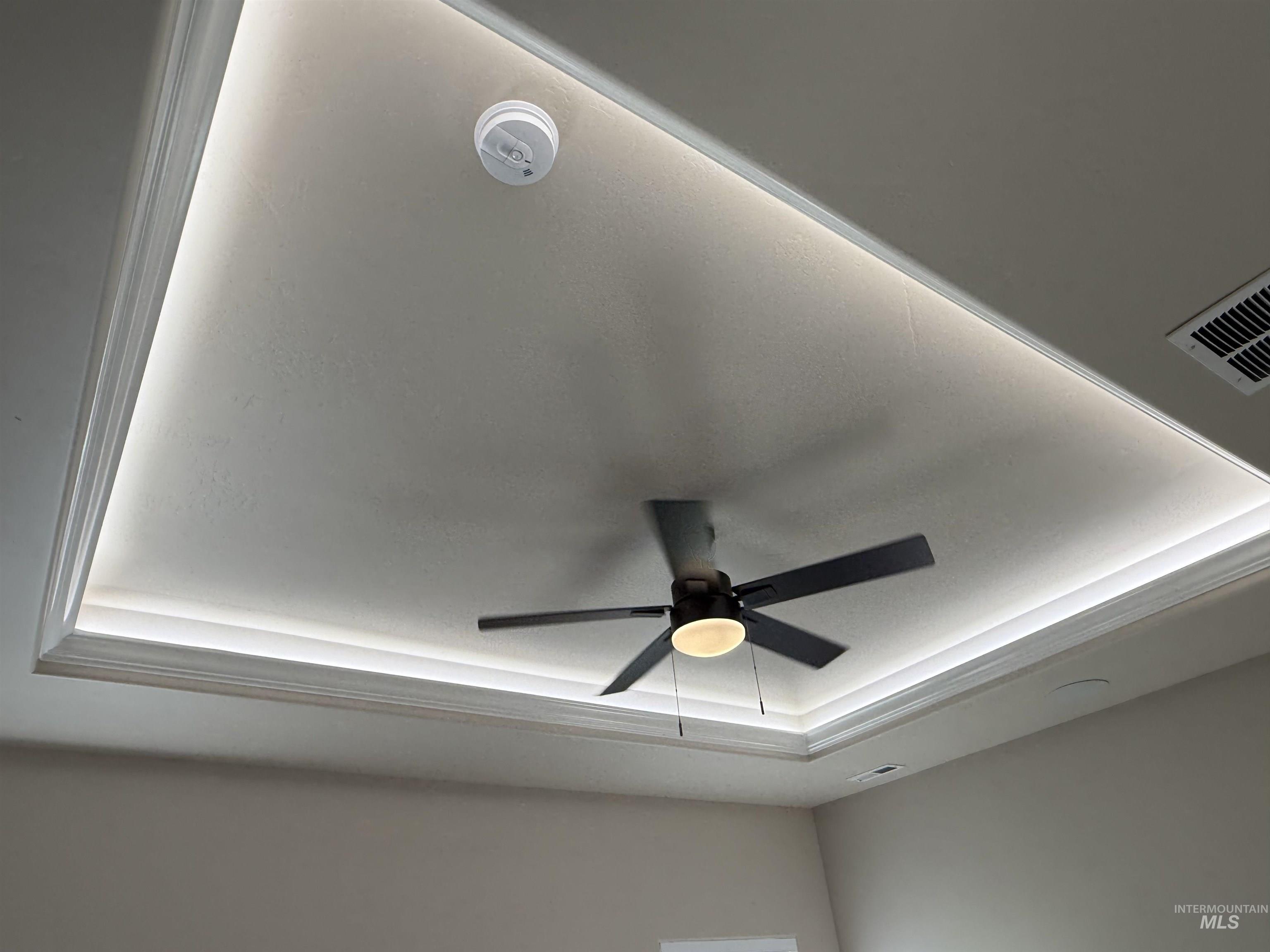 Detailed view of a tray ceiling and ceiling fan