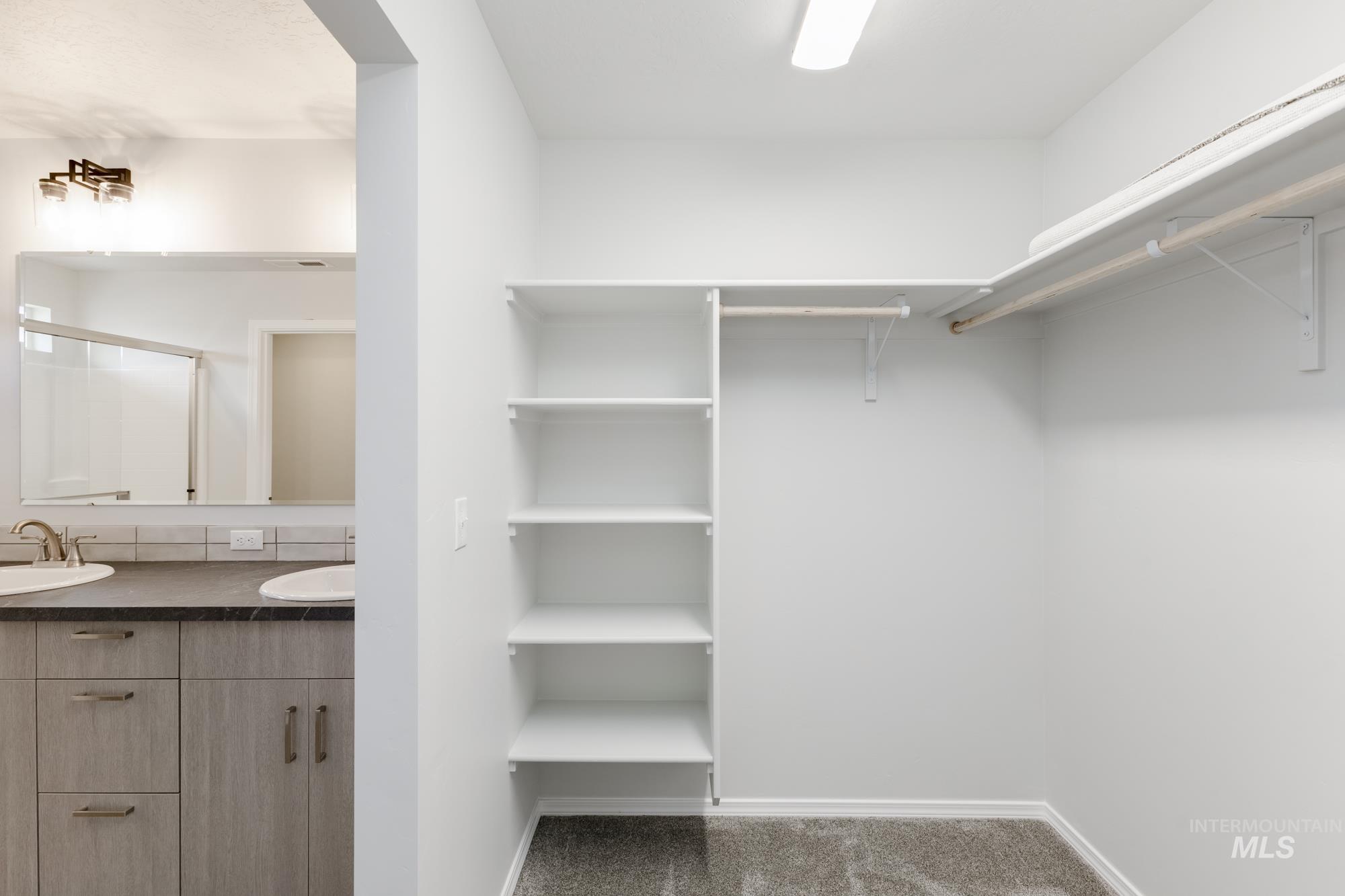 Walk in closet featuring a sink and dark carpet