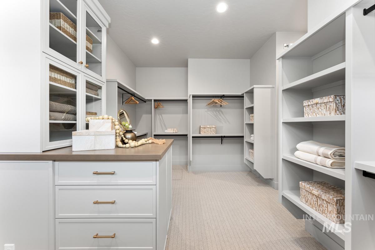 Walk in closet featuring light carpet