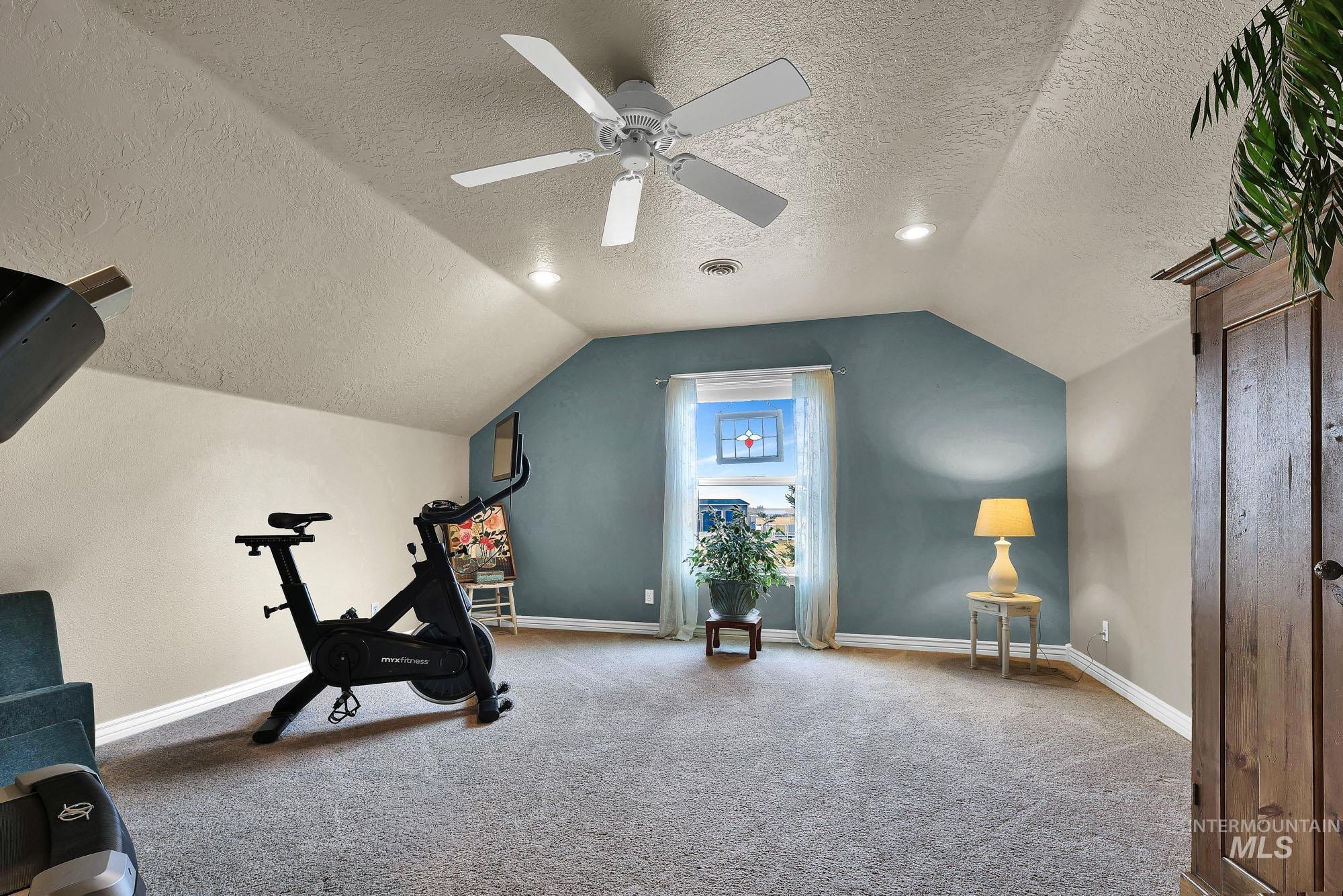 4th bedroom / Workout room featuring a vaulted ceiling, carpet, and a ceiling fan