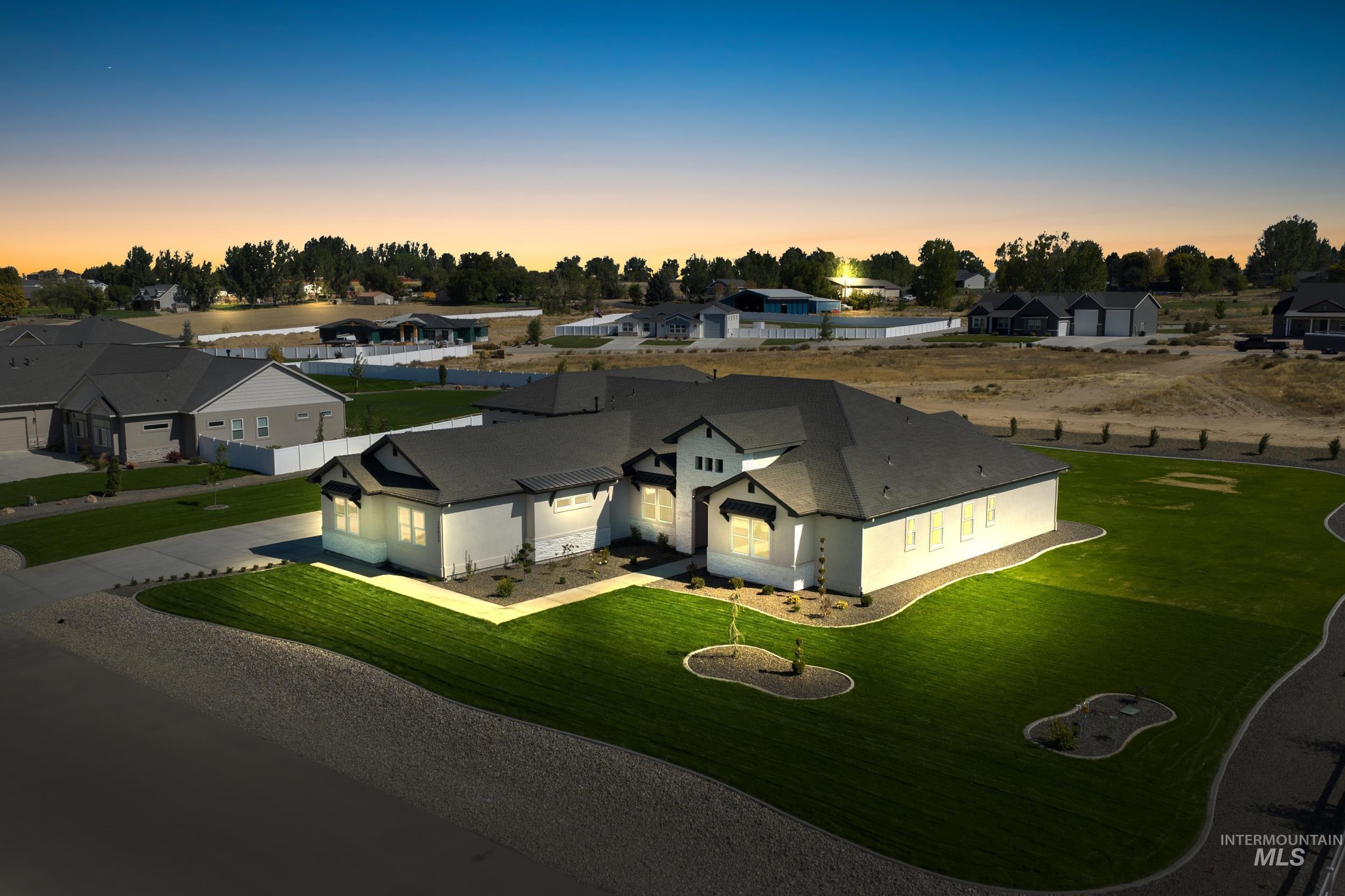 Aerial view at dusk of a residential view